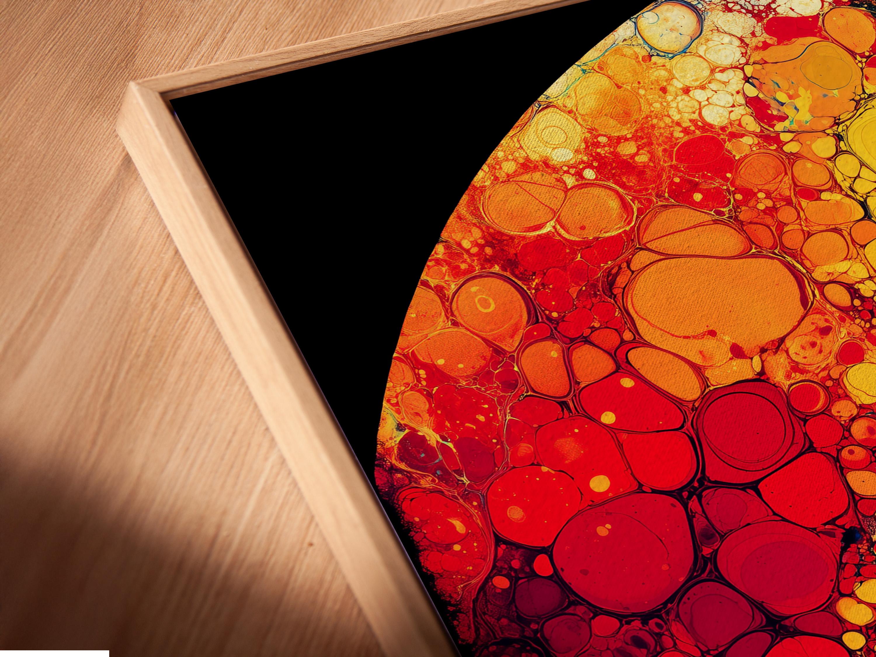 Abstract bubble artwork with red, yellow, aqua teal and dark black curved shapes detail view