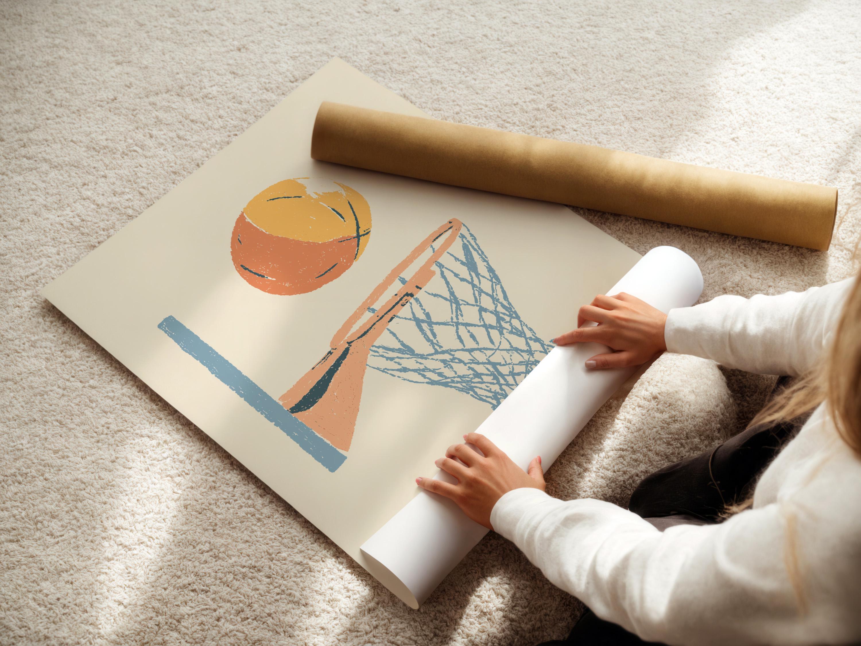 Room mockup showing a framed basketball hoop artwork on a wall