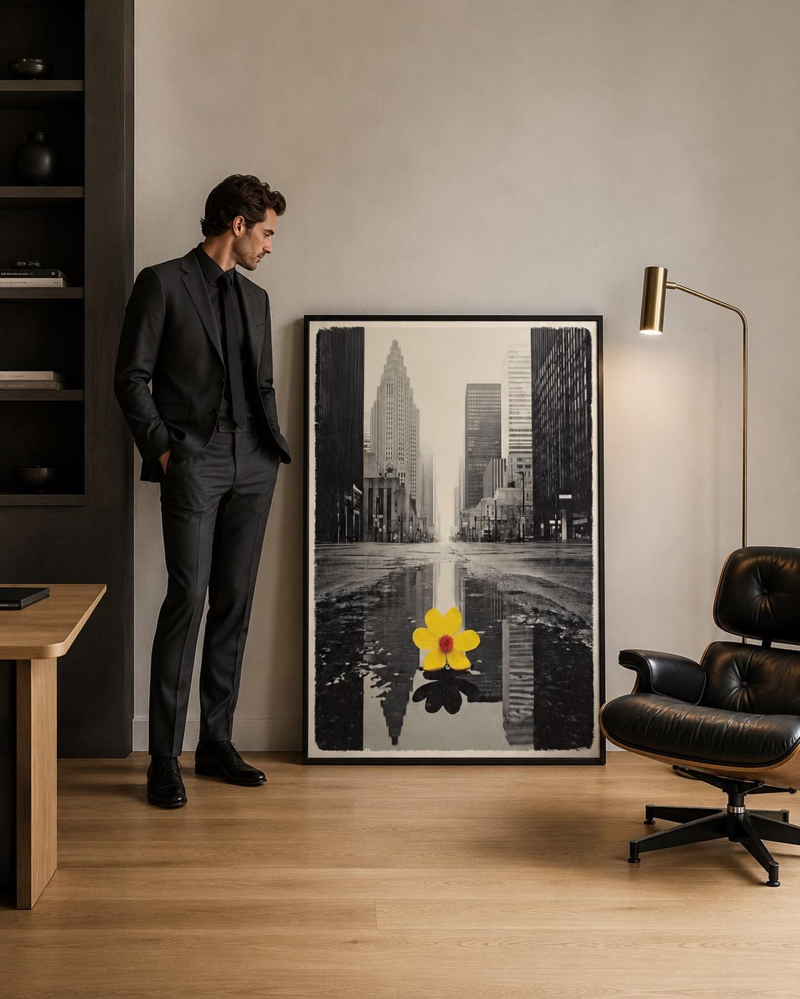 A monochrome city skyline is overlaid with a single bright yellow flower, reflected in water-like bands, creating a high-contrast urban accent detail