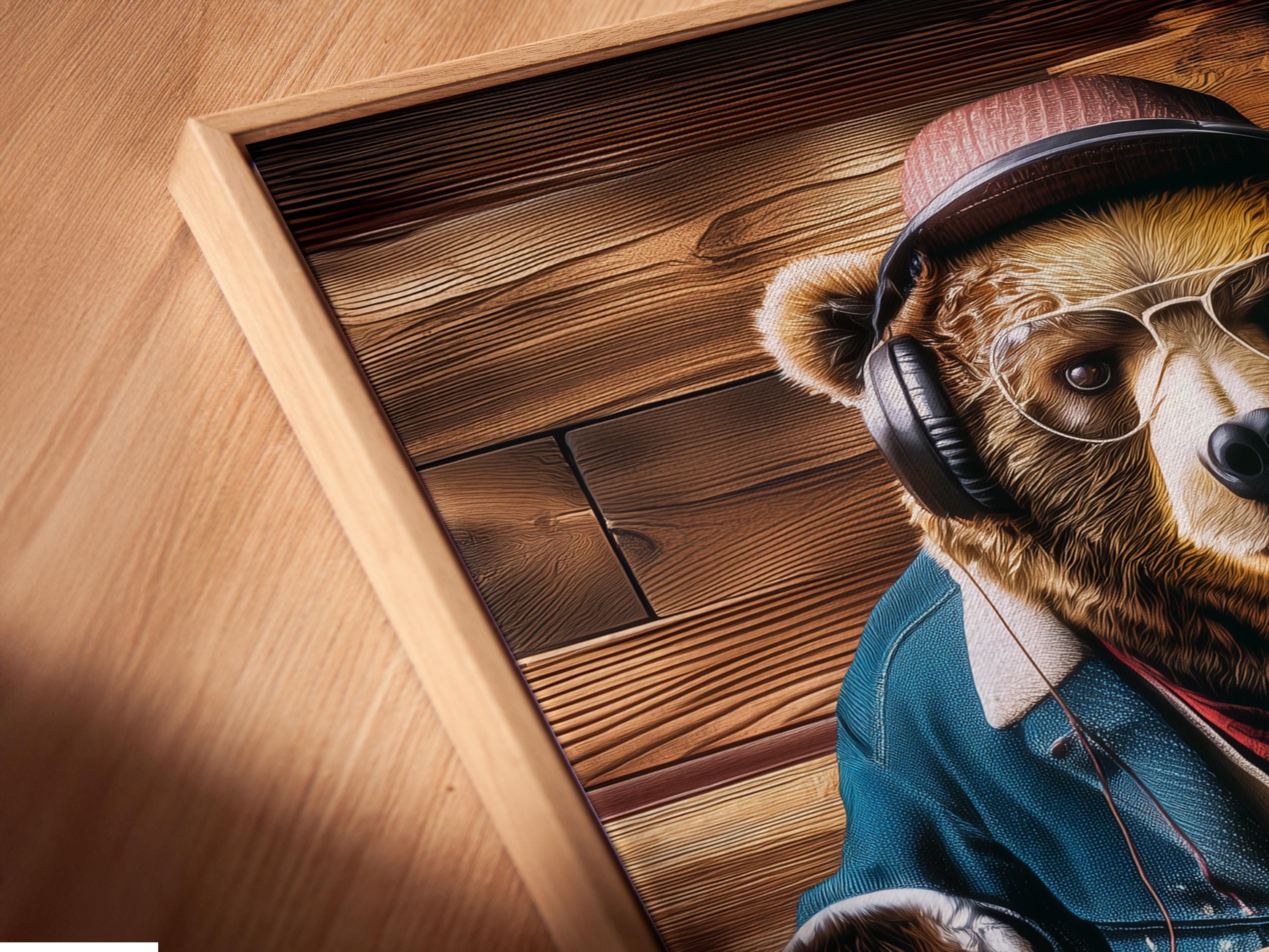 DJ bear wearing headphones and glasses behind a turntable with a vinyl record, set against dark wood planks detail view