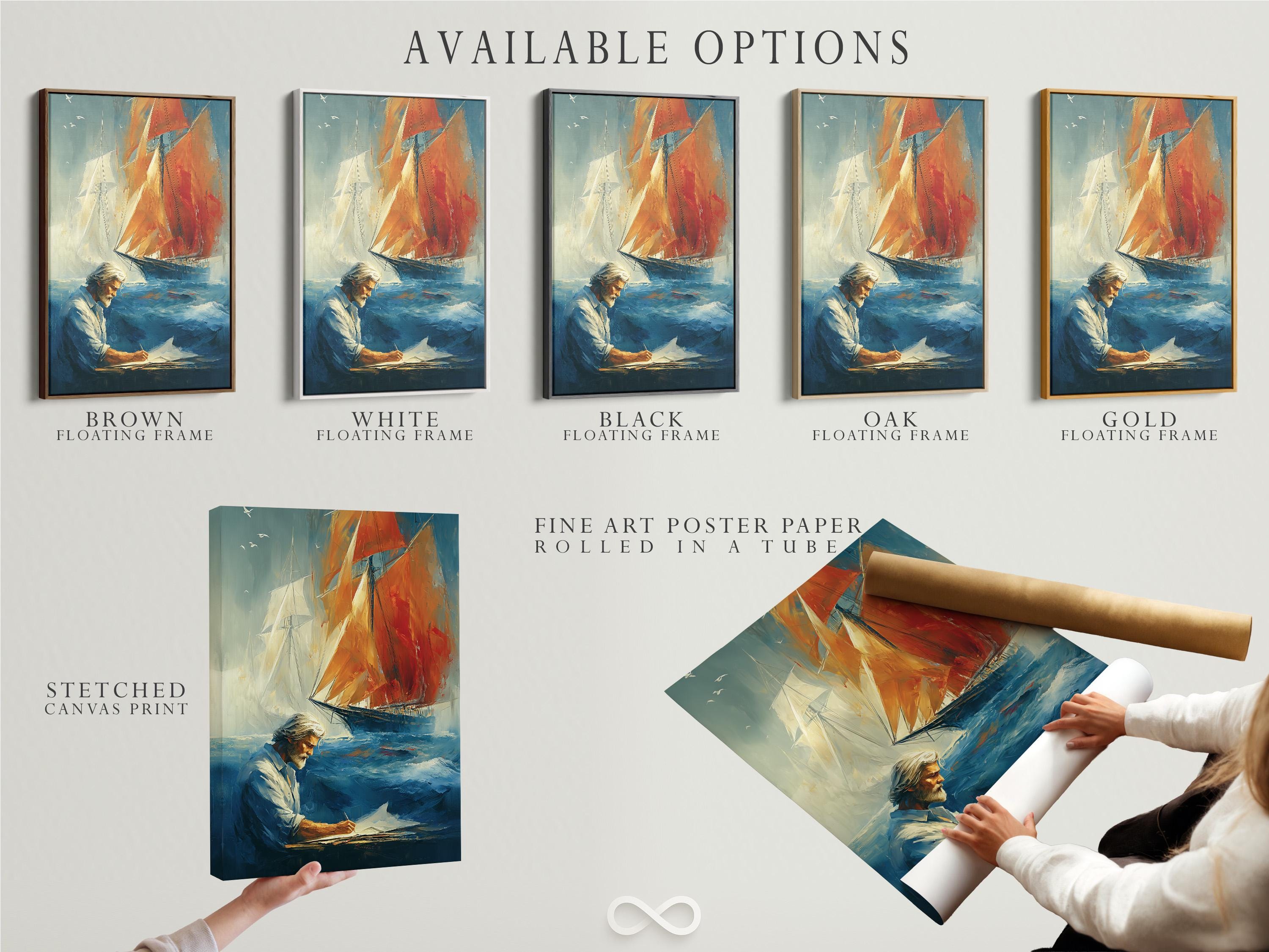 Painterly sailboat maritime scene with a red-orange sail and a man writing detail view