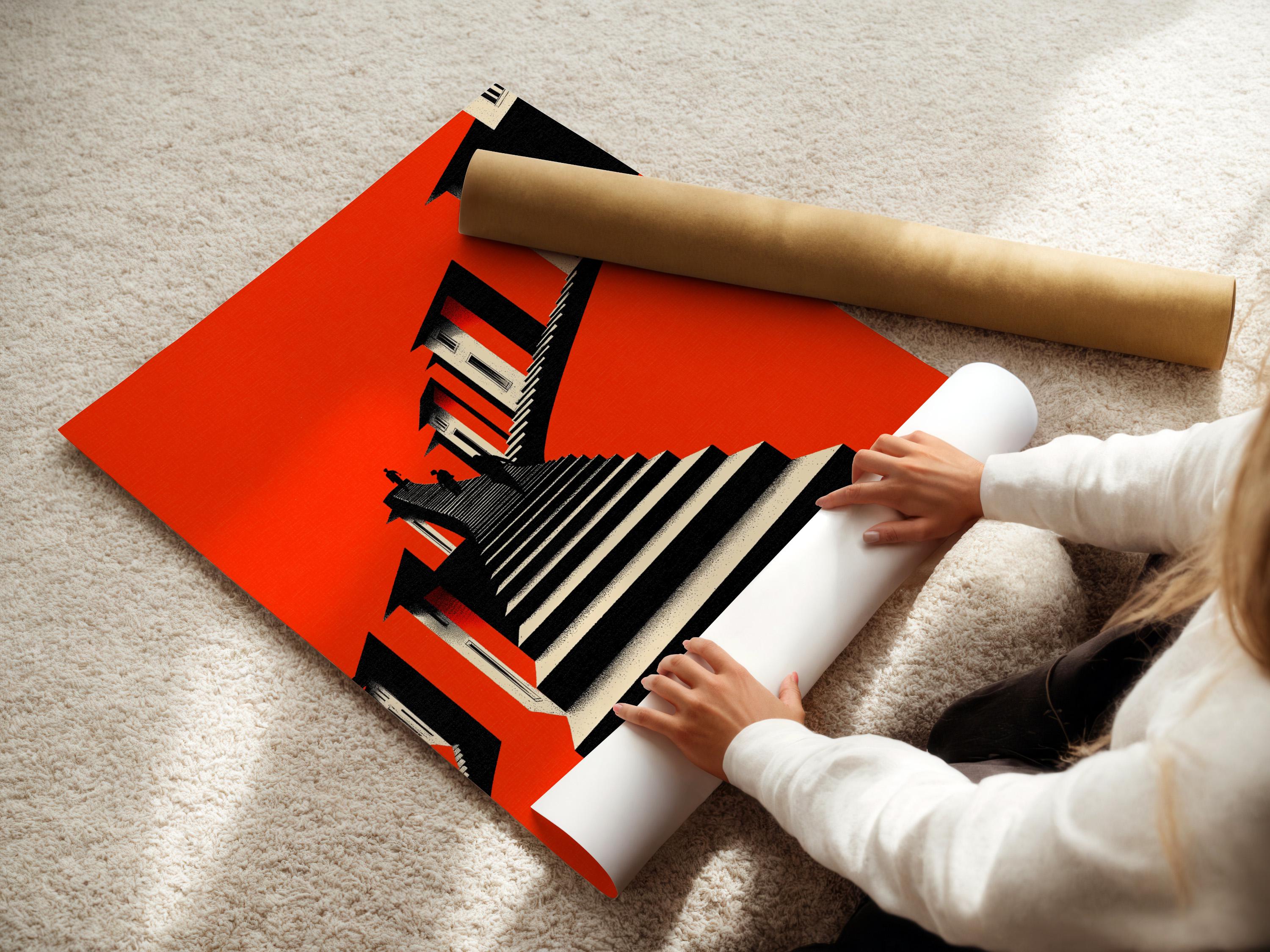 Room mockup showing a red and black geometric staircase artwork with inset views