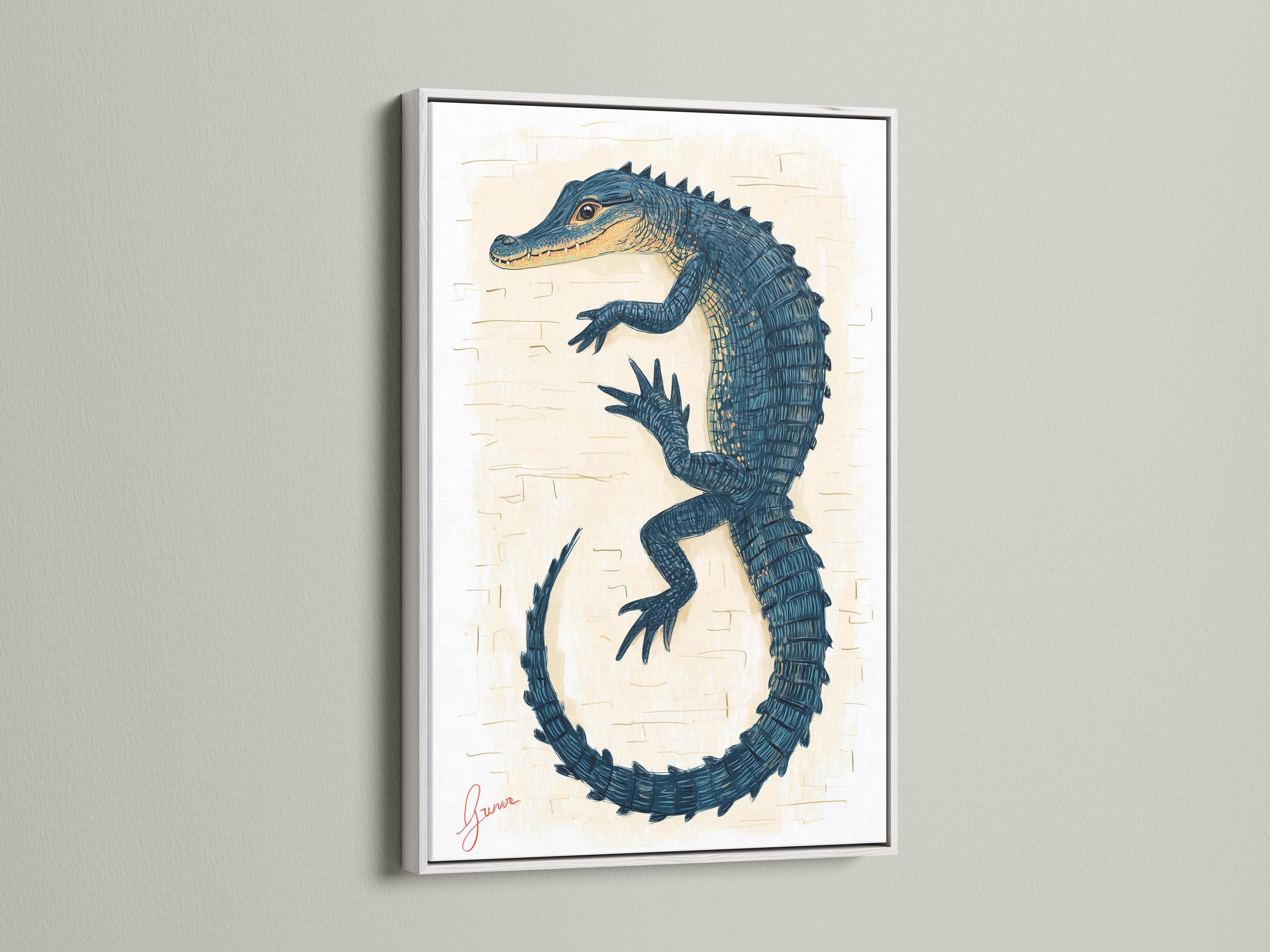 Blue alligator illustration forming a circular loop with scale-like linework on a cream background detail view