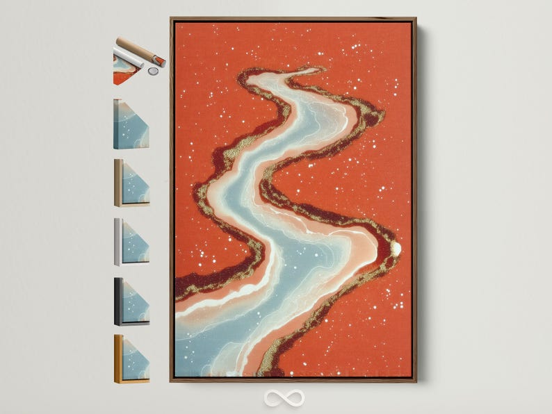 Abstract river ribbon in pale blue and cream with gold speckles over a terracotta background