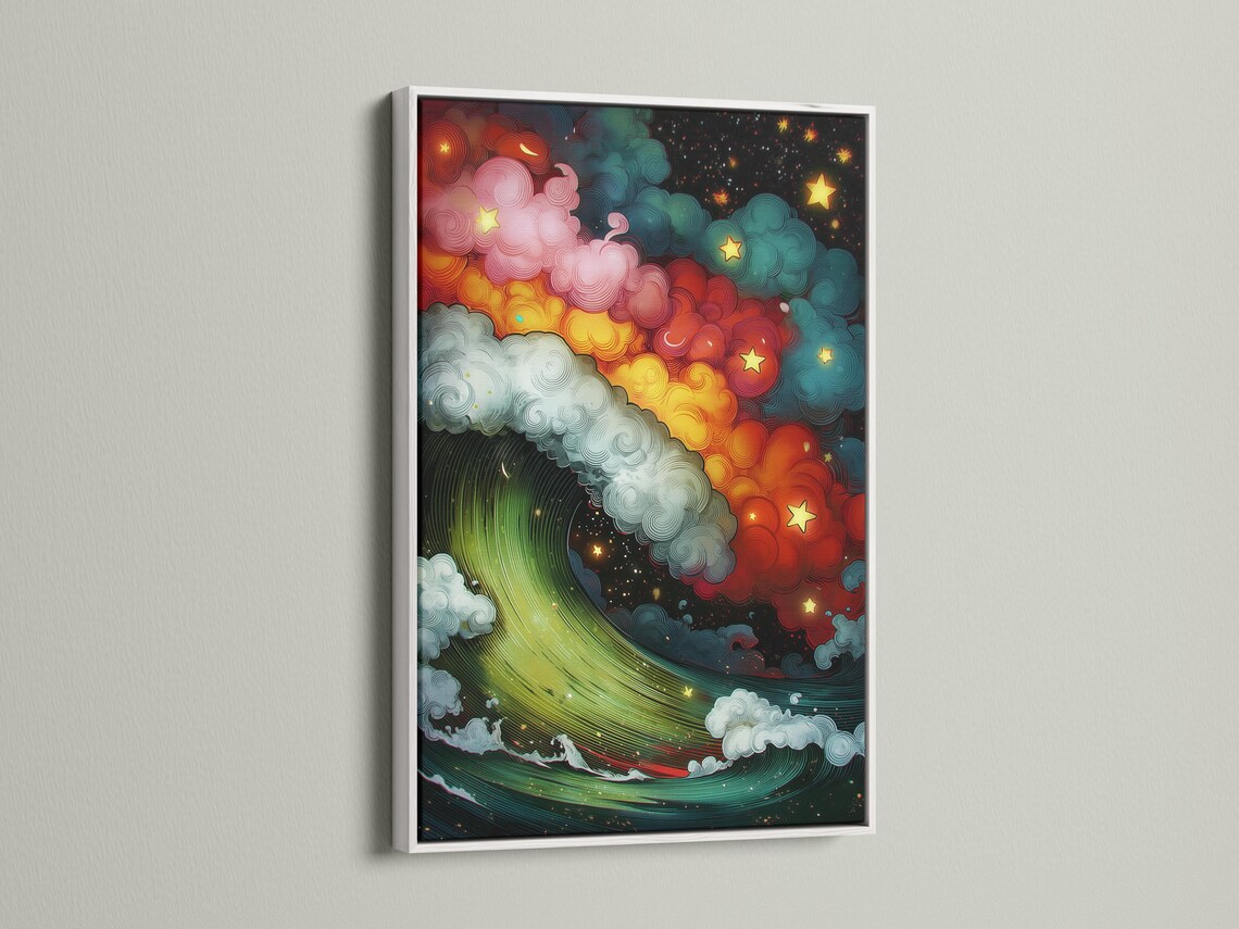 Starry ocean wave artwork with swirling clouds and gold stars in teal, red, and emerald green detail view