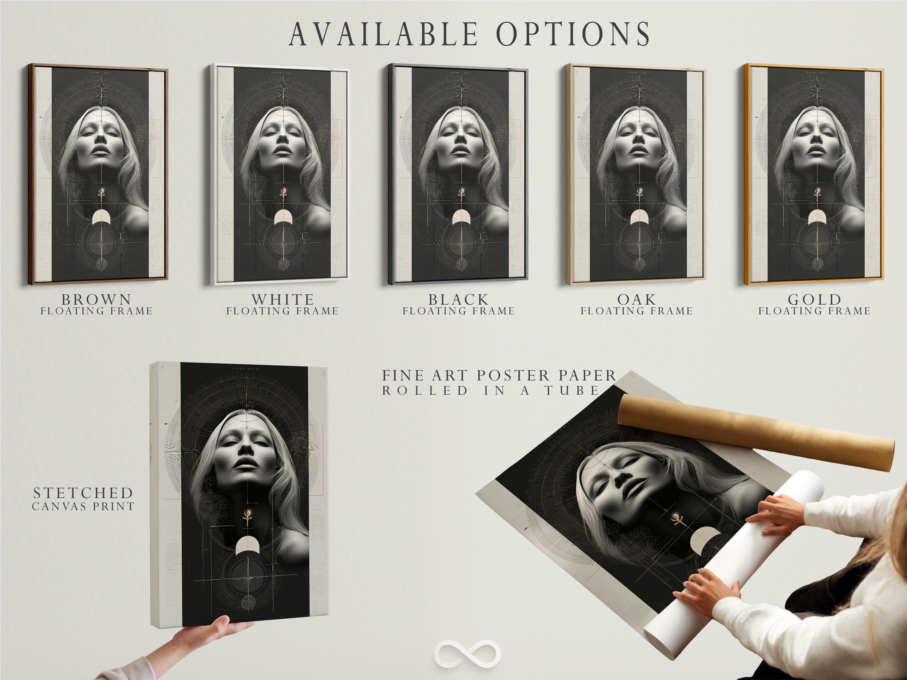 Geometric woman portrait artwork with grayscale face, arcs and black and beige tones plus small gold symbols detail view