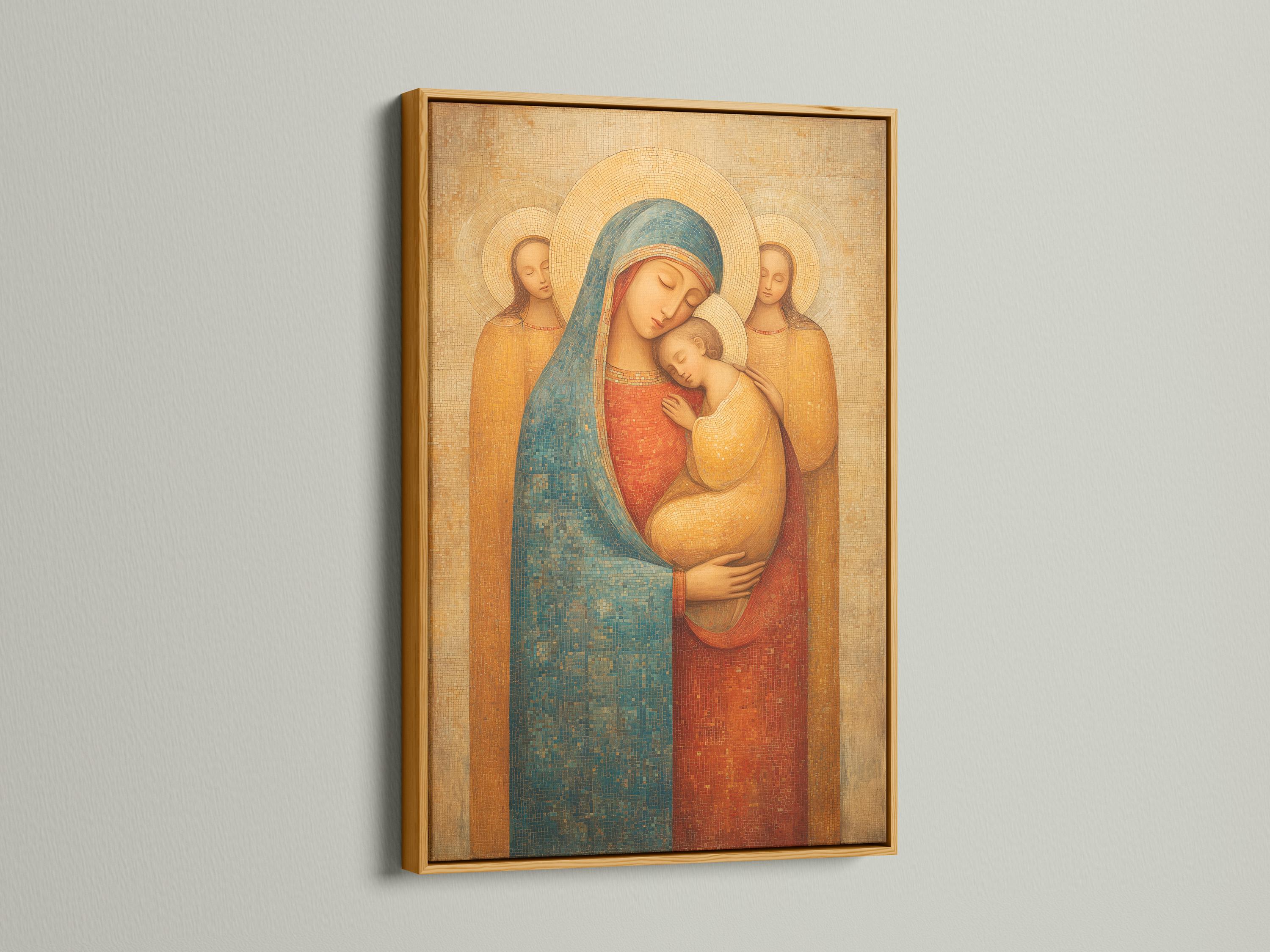 Room mockup showing framed Madonna and Child religious icon artwork
