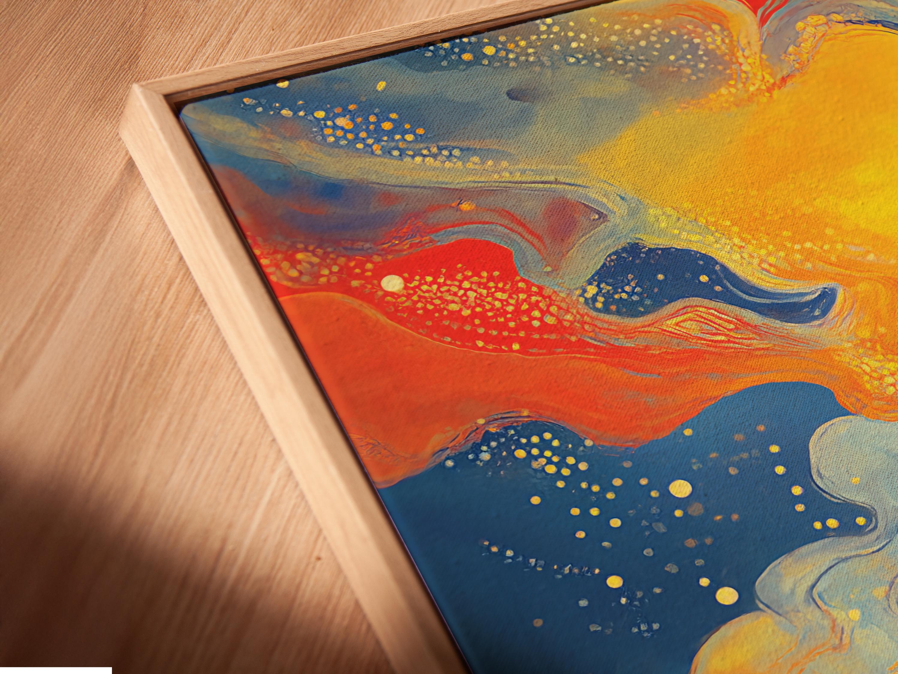 Abstract sports figure reaching upward beside a glowing yellow sun, in blue, orange and gold with speckled dots detail view