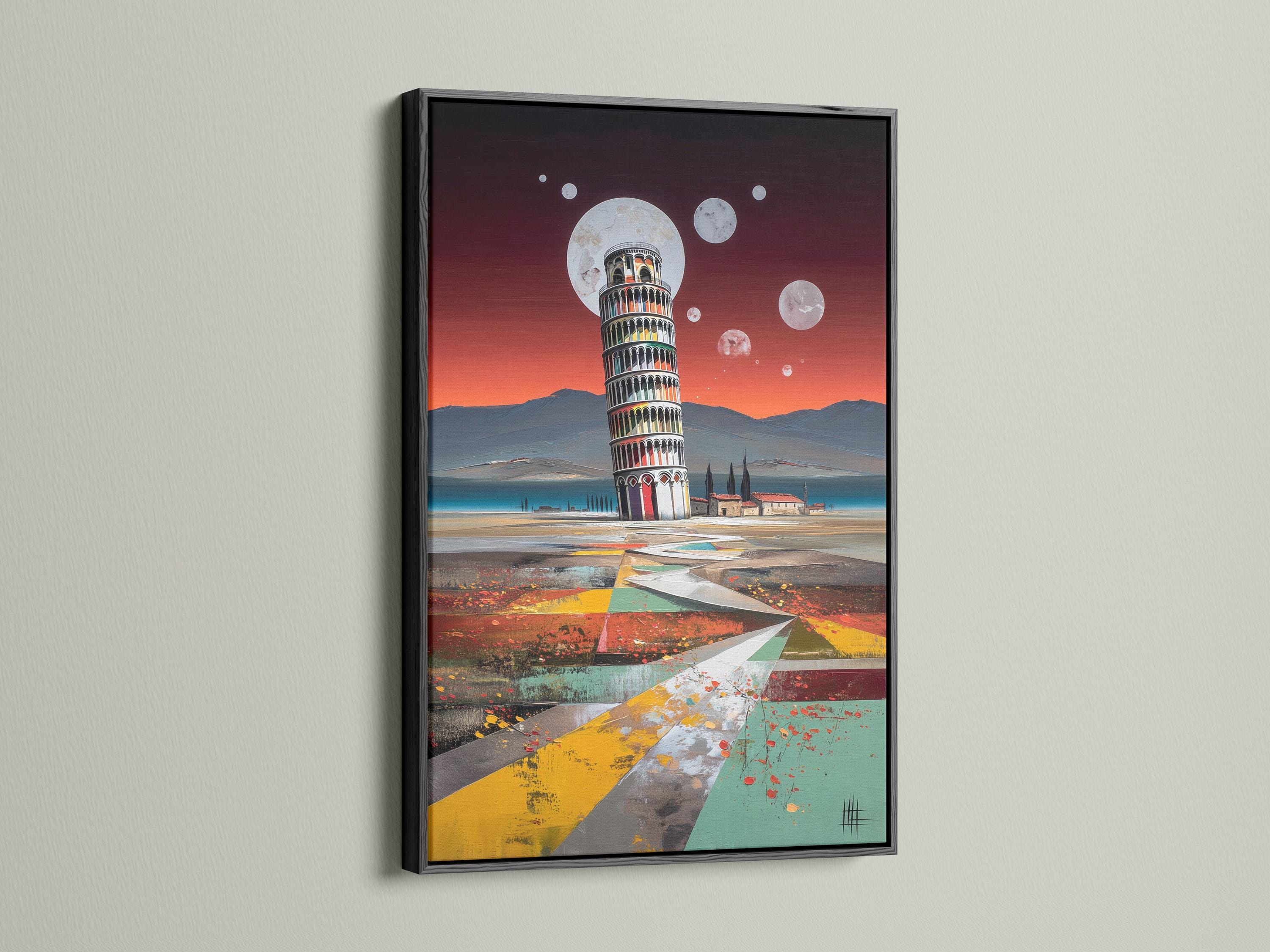 Leaning tower under a moonlit sunset sky with geometric shapes in the foreground detail view
