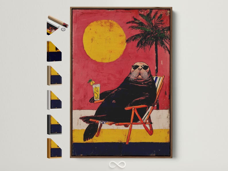 Retro seal with sunglasses holding a cocktail beside a striped beach chair, with yellow sun and palm tree on a pink background