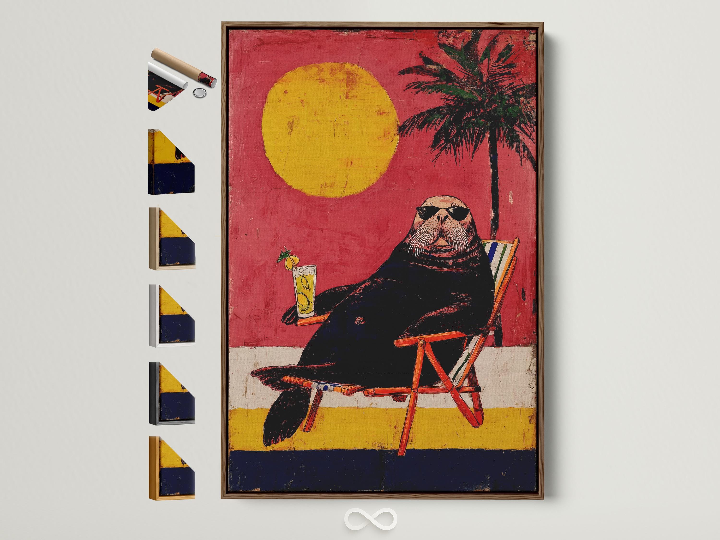 Retro seal with sunglasses holding a cocktail beside a striped beach chair, with yellow sun and palm tree on a pink background