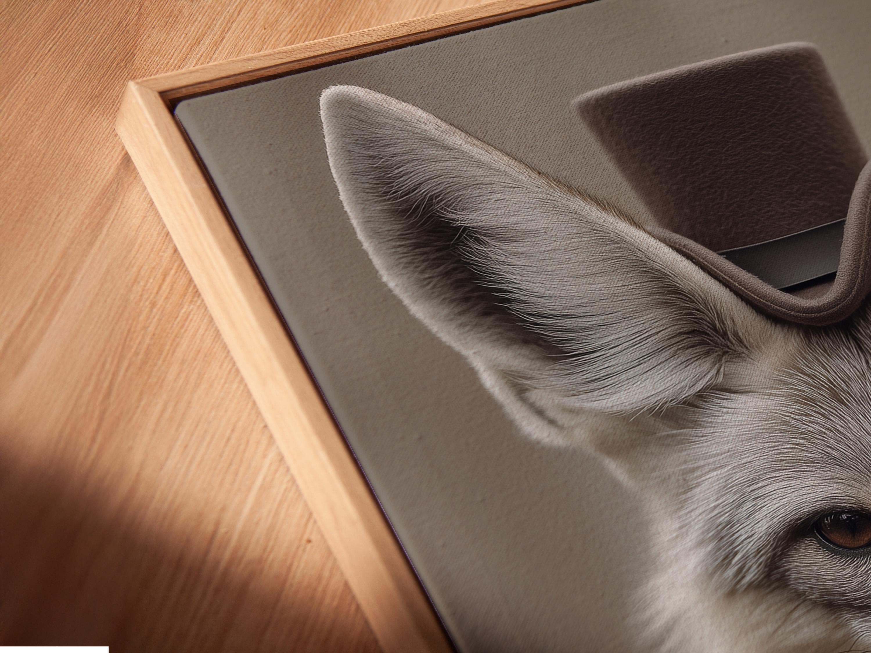 Portrait of a grey fox dressed as a gentleman with upright ears, suit collar and bow tie detail view