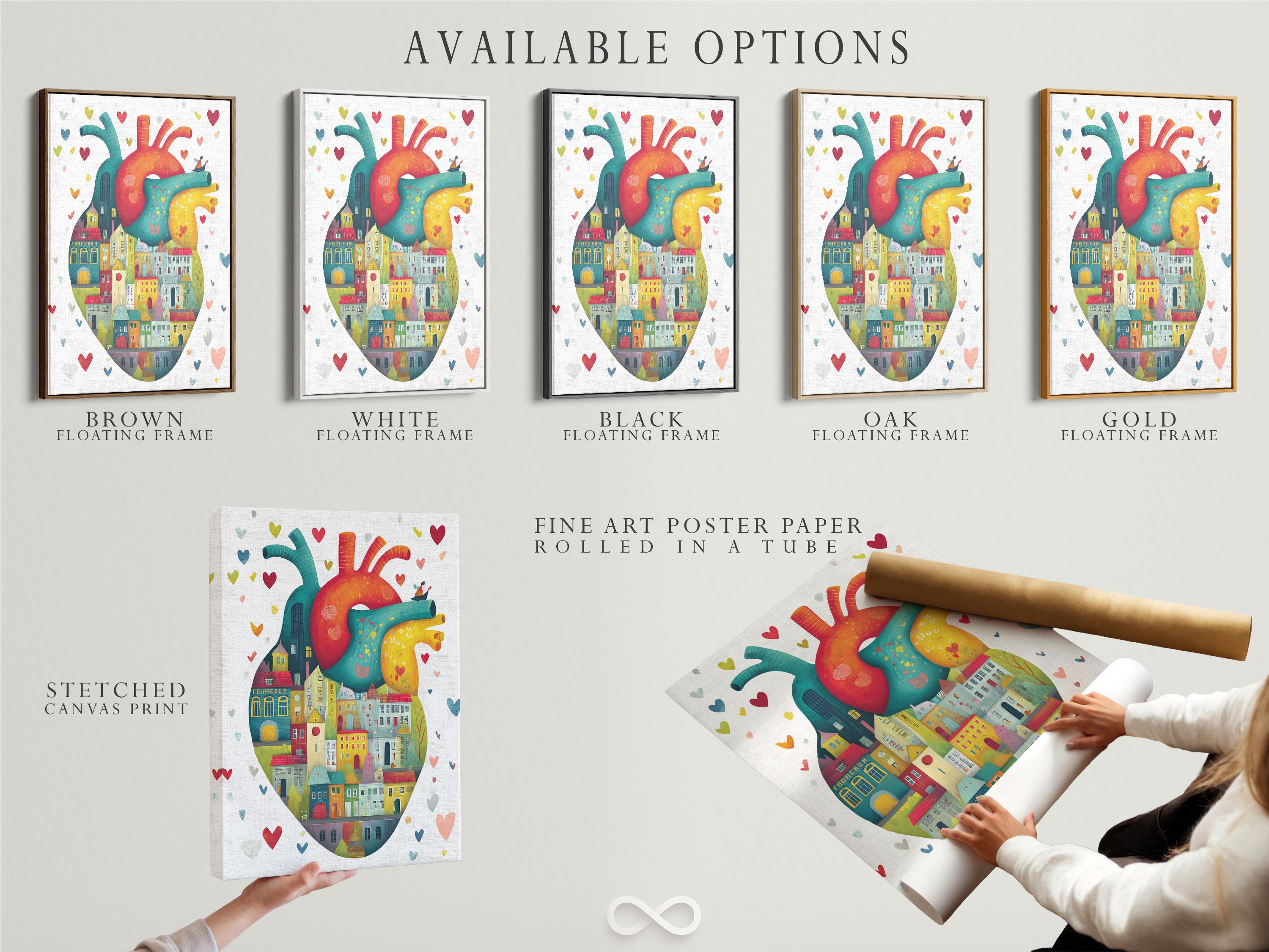 Teal anatomical heart filled with colourful city houses and small floating hearts detail view
