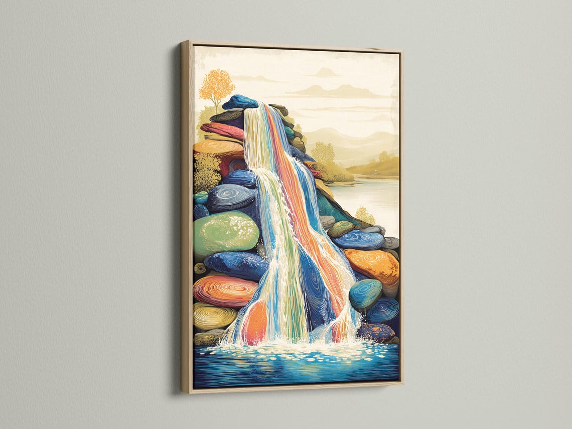 Room mockup showing a framed waterfall artwork with blue and gold colours