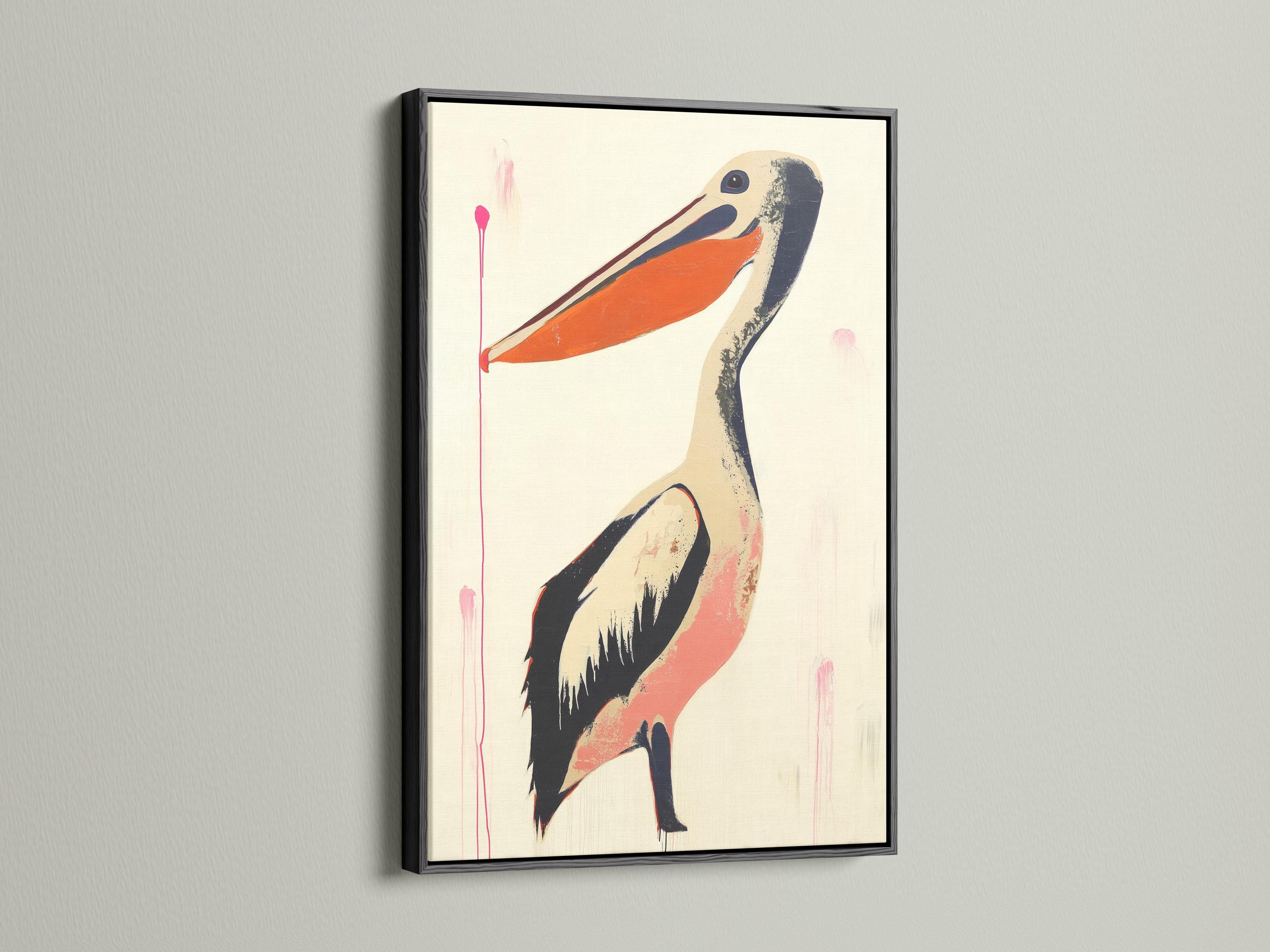 Stylised pelican with warm orange beak on a cream background and pink drips detail view