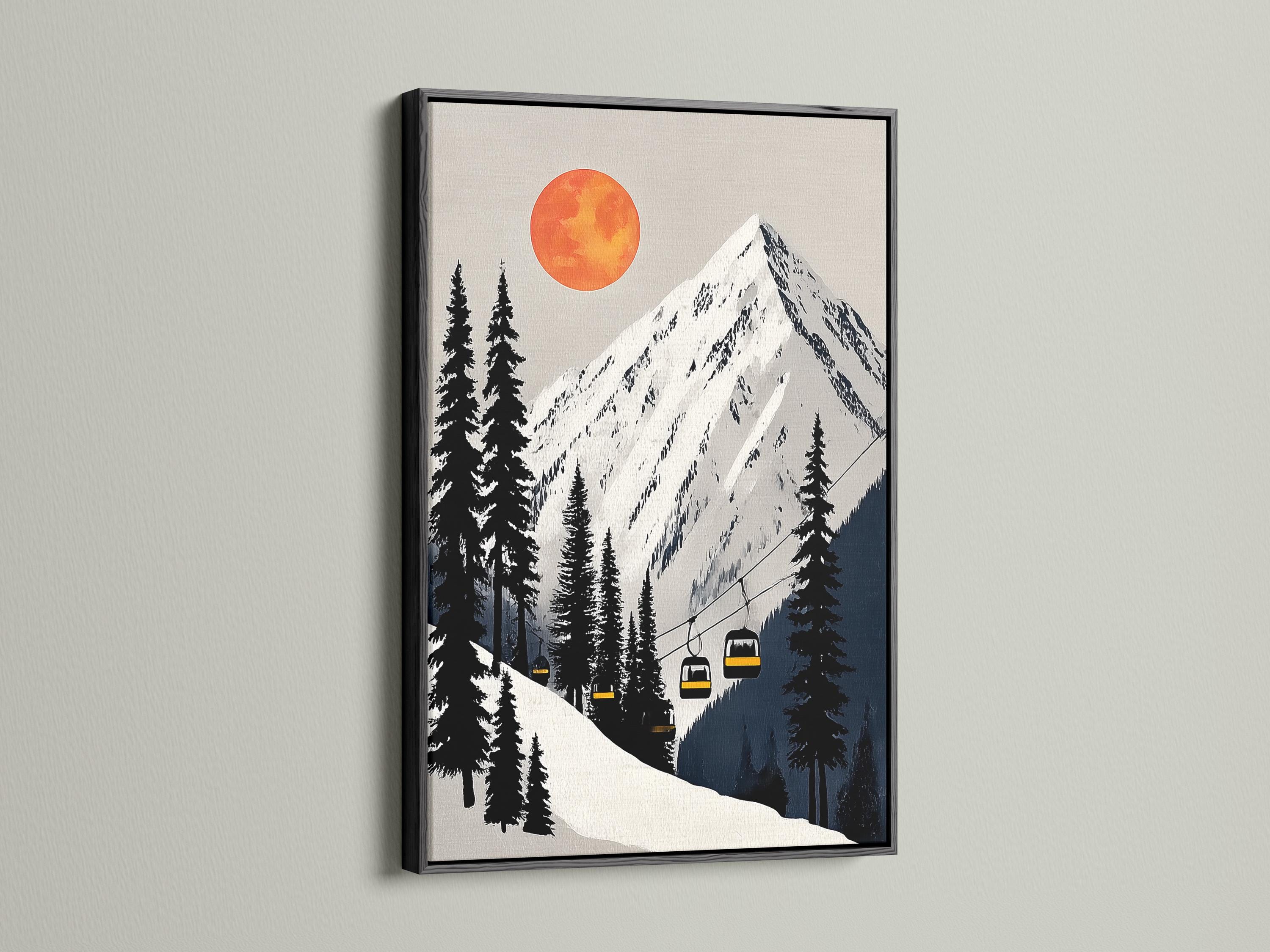 Stylised winter mountain landscape with pine trees, ski lift cables, yellow gondolas and an orange sun detail view