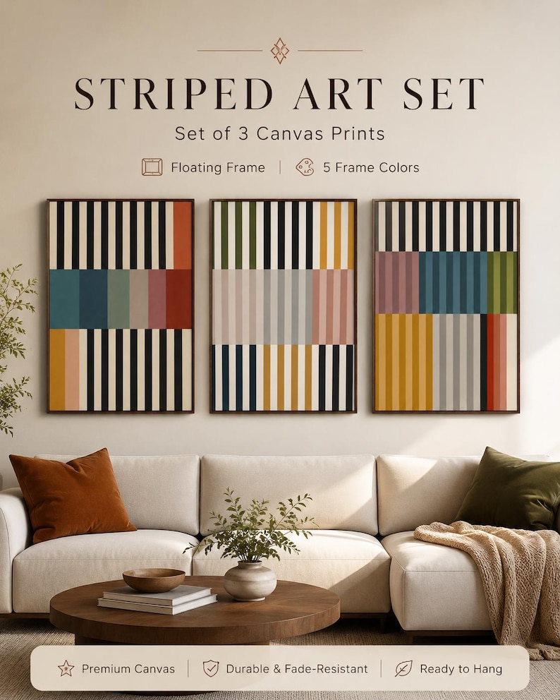 Three-panel geometric artwork with black vertical stripes and multicolour colour blocks