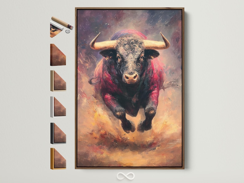Charging bull portrait wall artwork in red and beige with curved horns