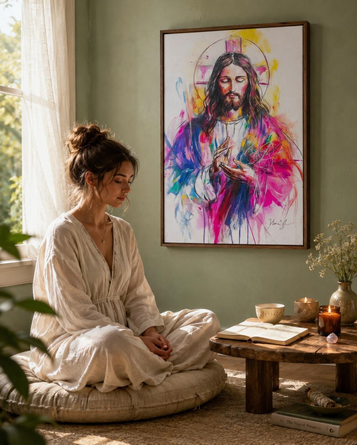Religious portrait artwork of Jesus with halo displayed above a wooden table in a hallway