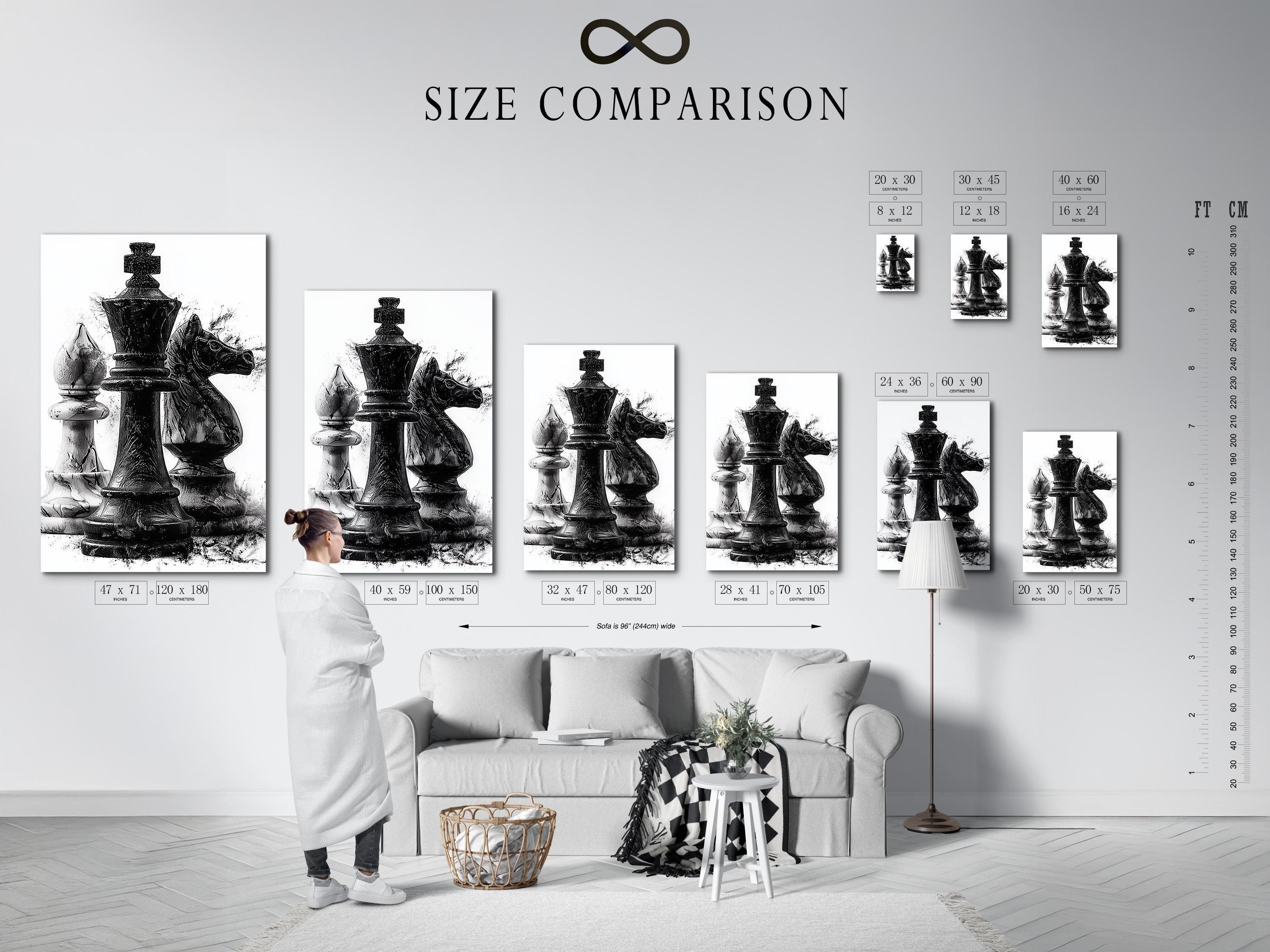 Monochrome chess artwork featuring a black king-like figure with distressed ink-splatter texture detail view