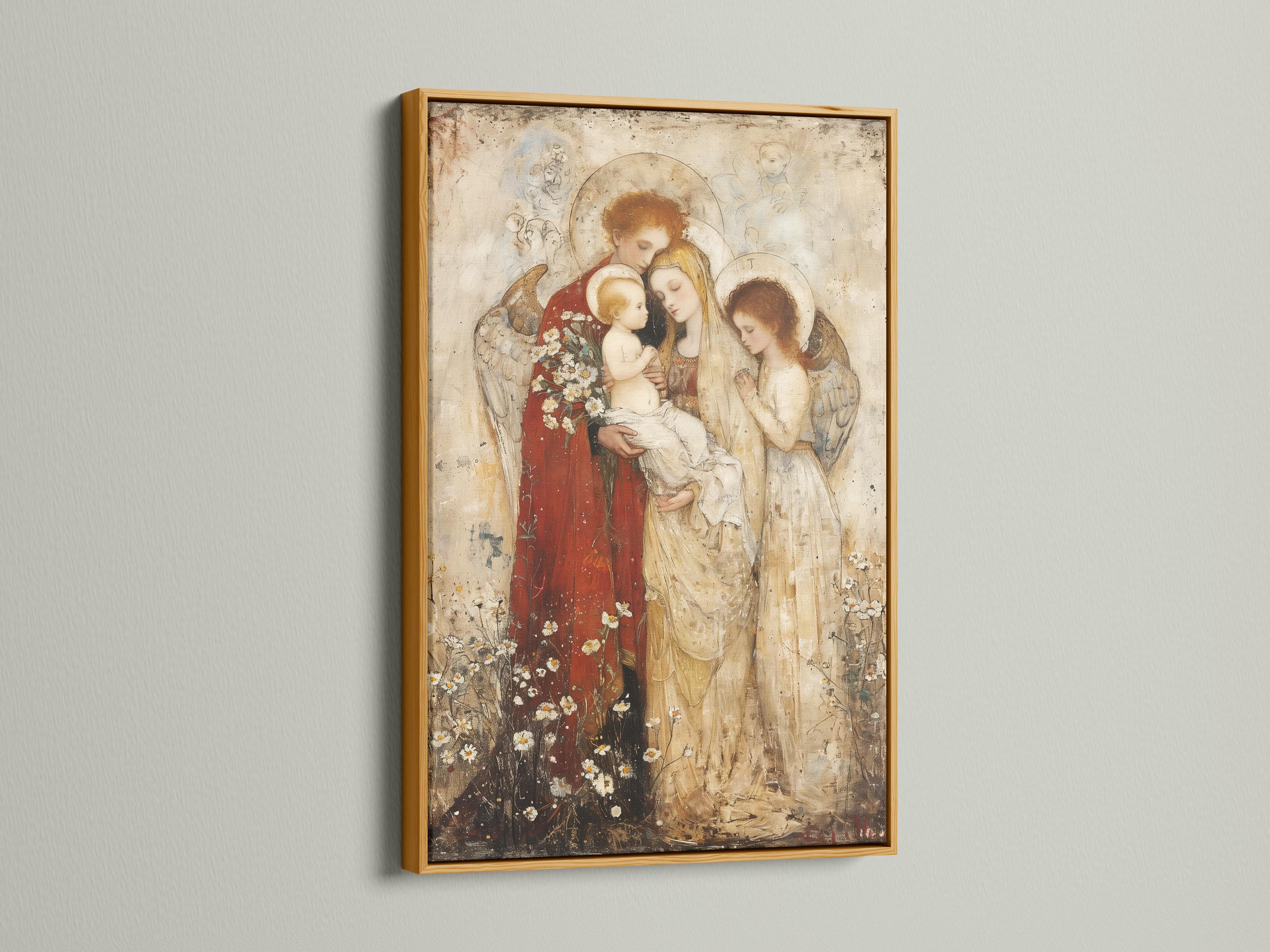 Room mockup featuring a framed religious artwork of Madonna holding a baby with winged angels