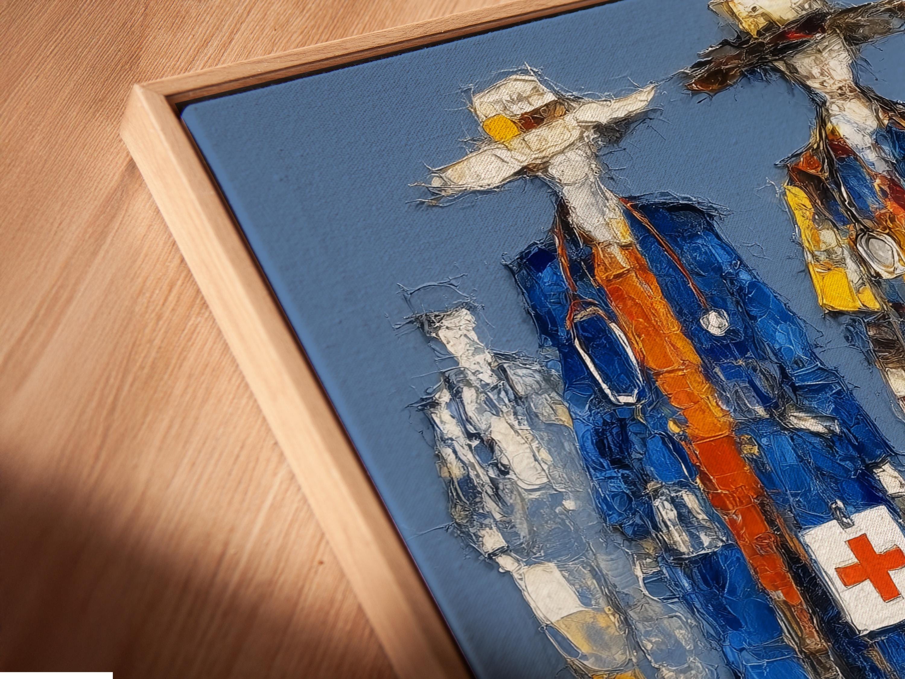 Blue and yellow medical staff figures with white cross symbols in a painterly style detail view