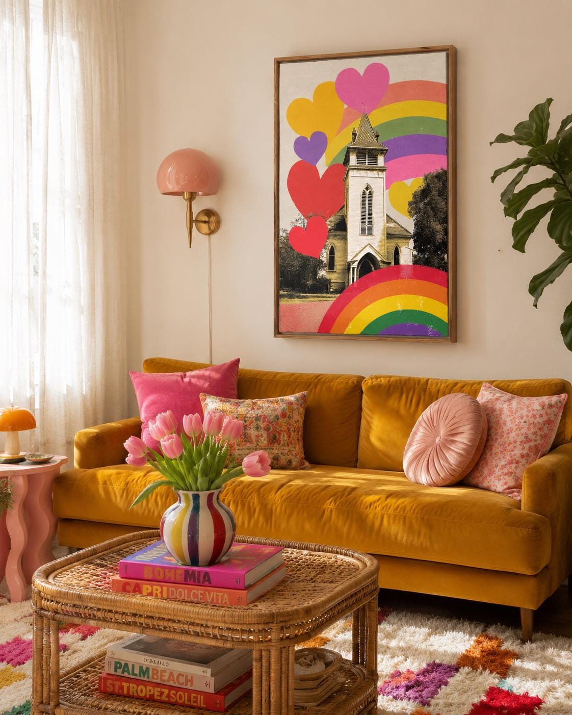 A person holding a mug sitting in a bedroom with a framed rainbow hearts church artwork on the wall