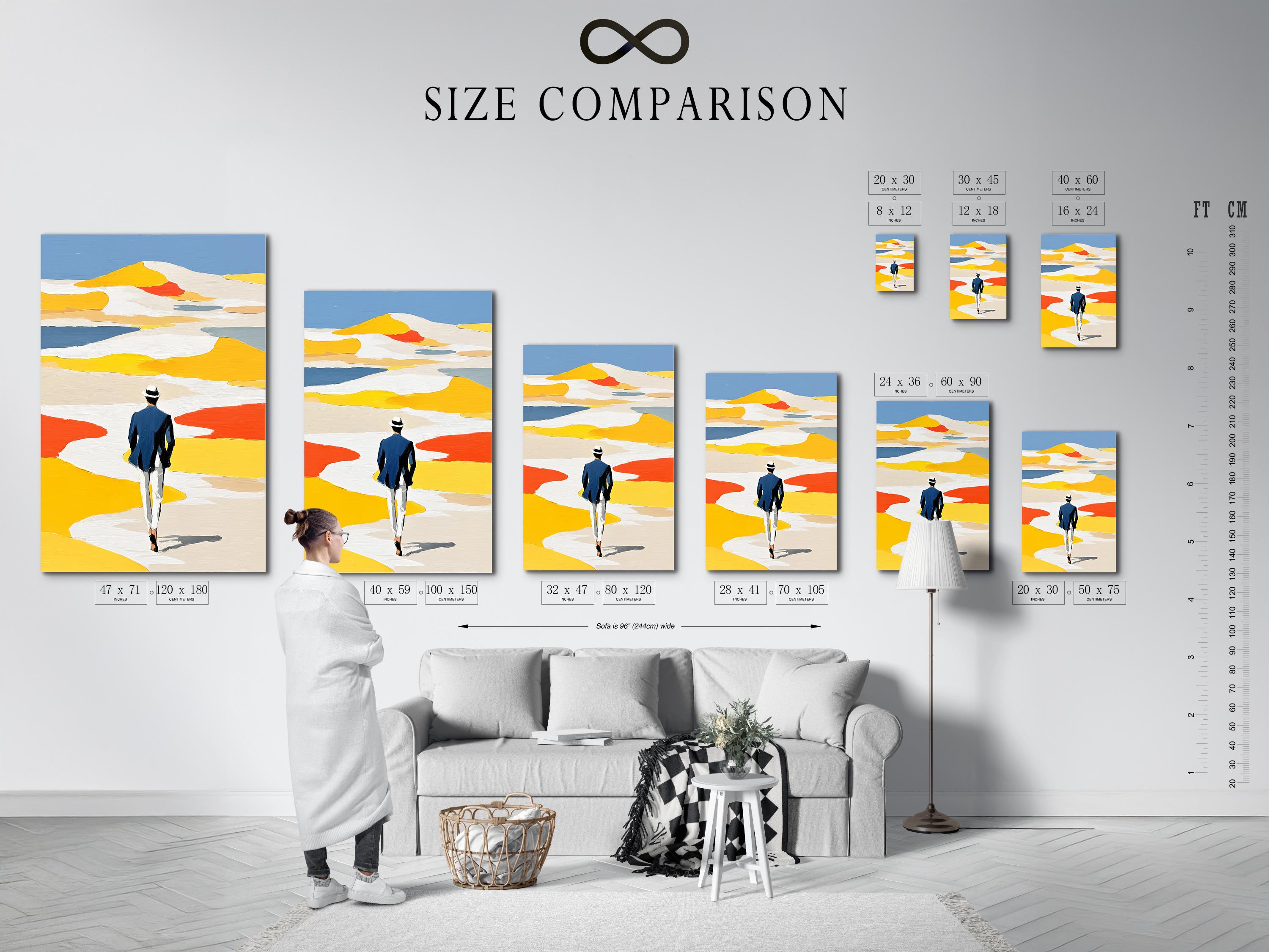 Room mockup featuring framed coastal beach artwork with a person walking away in yellow dunes