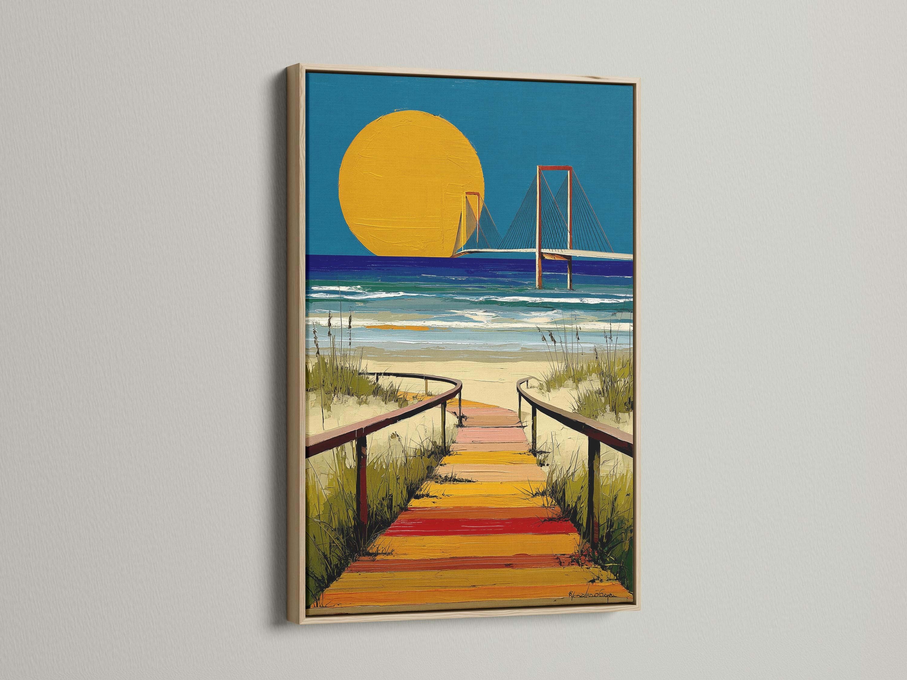 Portrait coastal artwork with golden sun, blue ocean, and a bridge over waves detail view