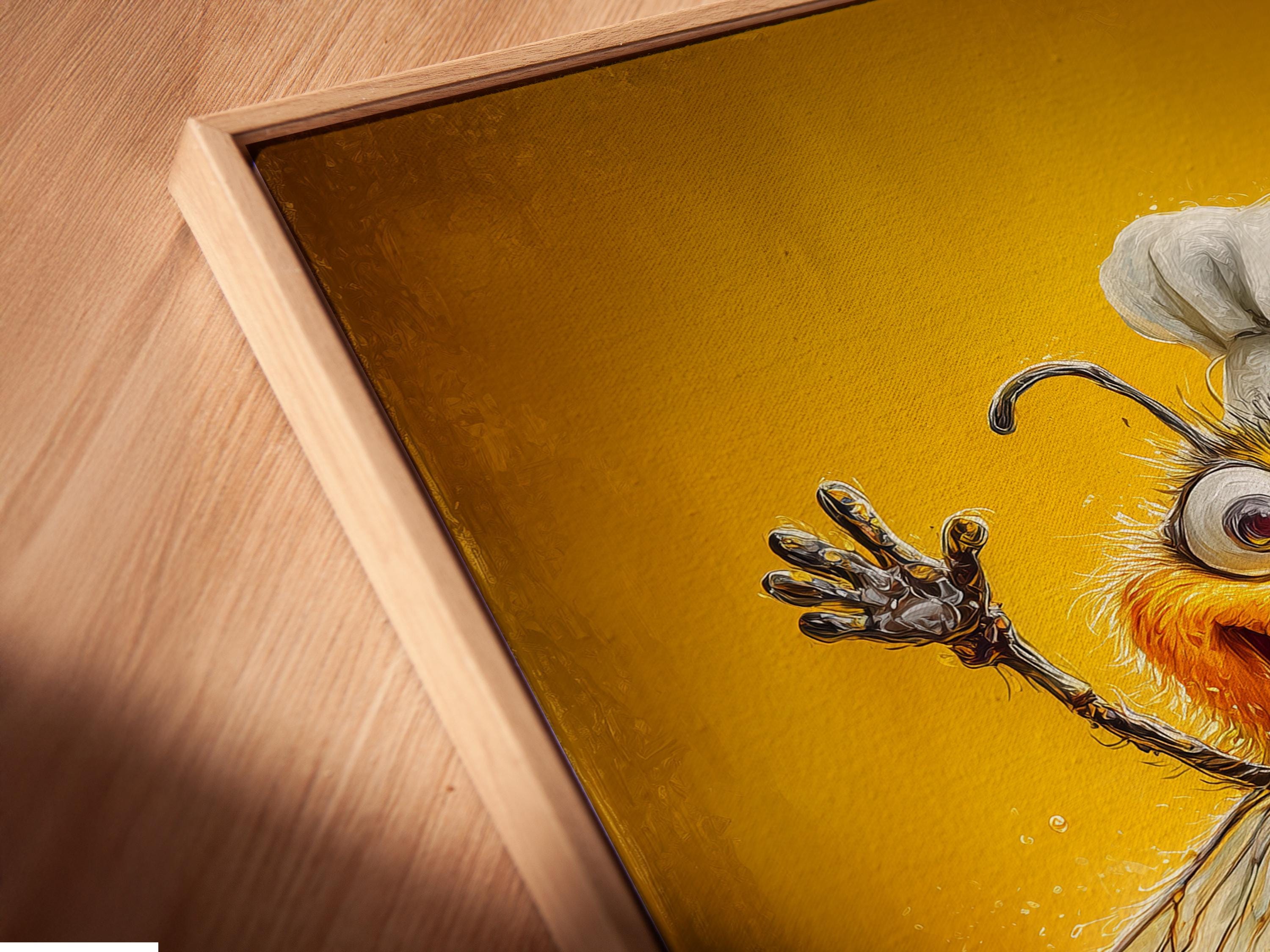 Smiling cartoon bee chef holding a whisk on a warm golden background detail view