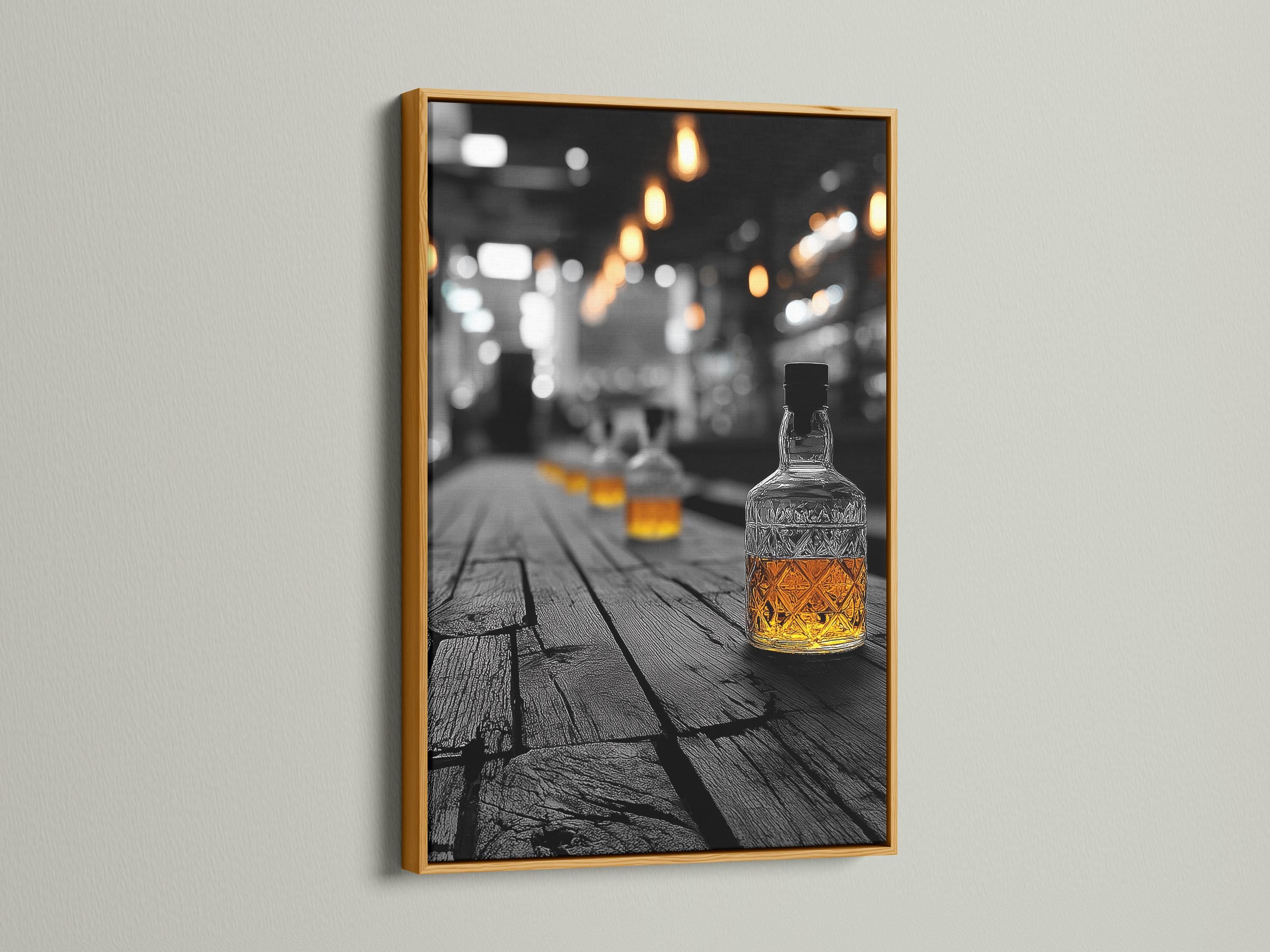 Room mockup showing a wall with framed artwork of a pub scene bottle with amber light accents