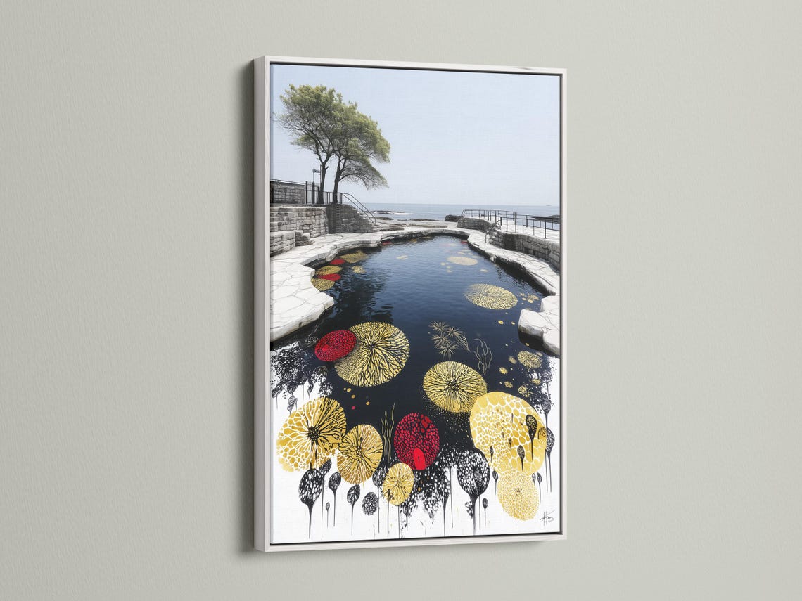 Portrait artwork showing a pond or water channel with floating lily pads in gold and yellow and dark ink splashes detail view