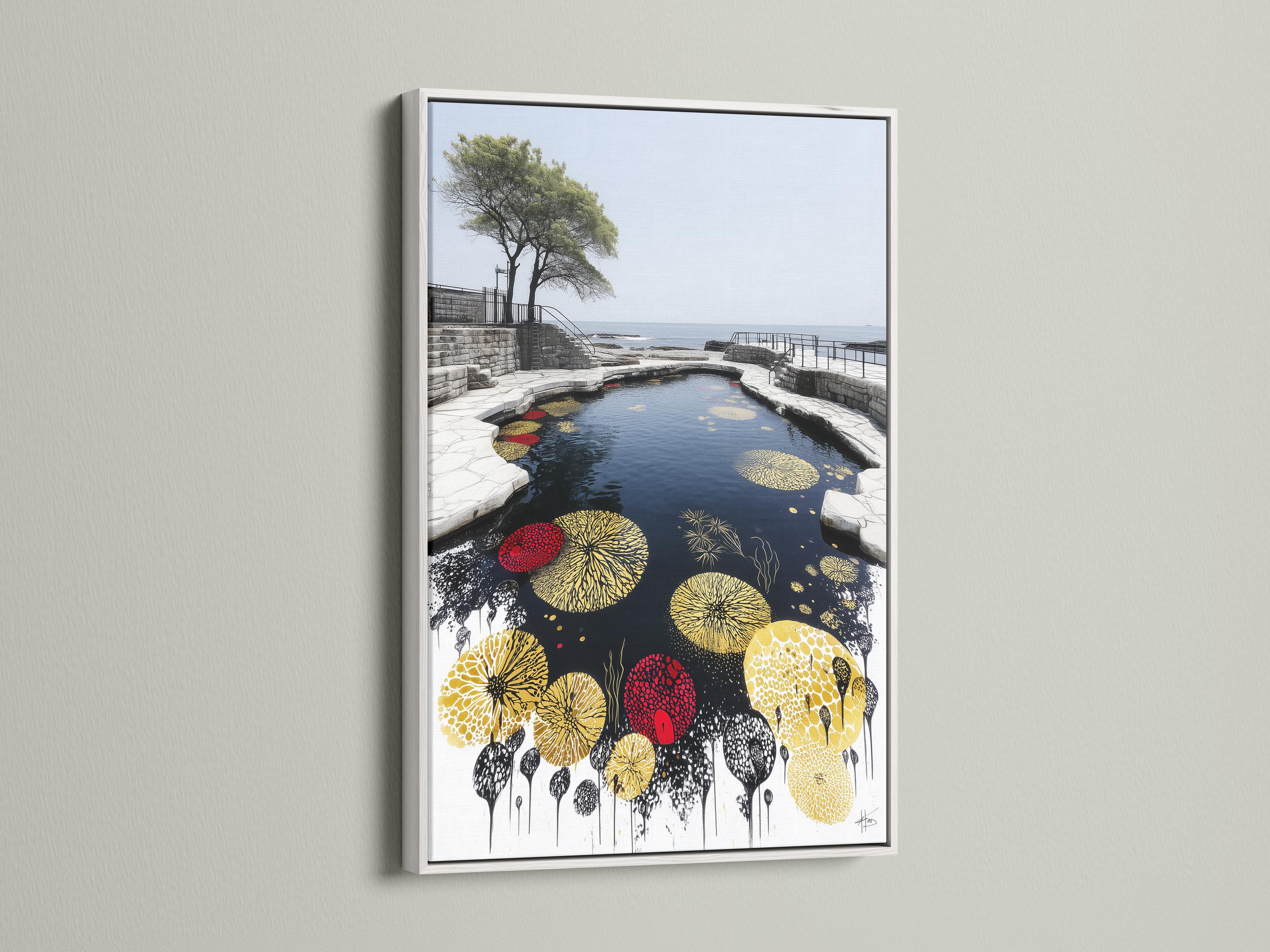 Portrait artwork showing a pond or water channel with floating lily pads in gold and yellow and dark ink splashes detail view
