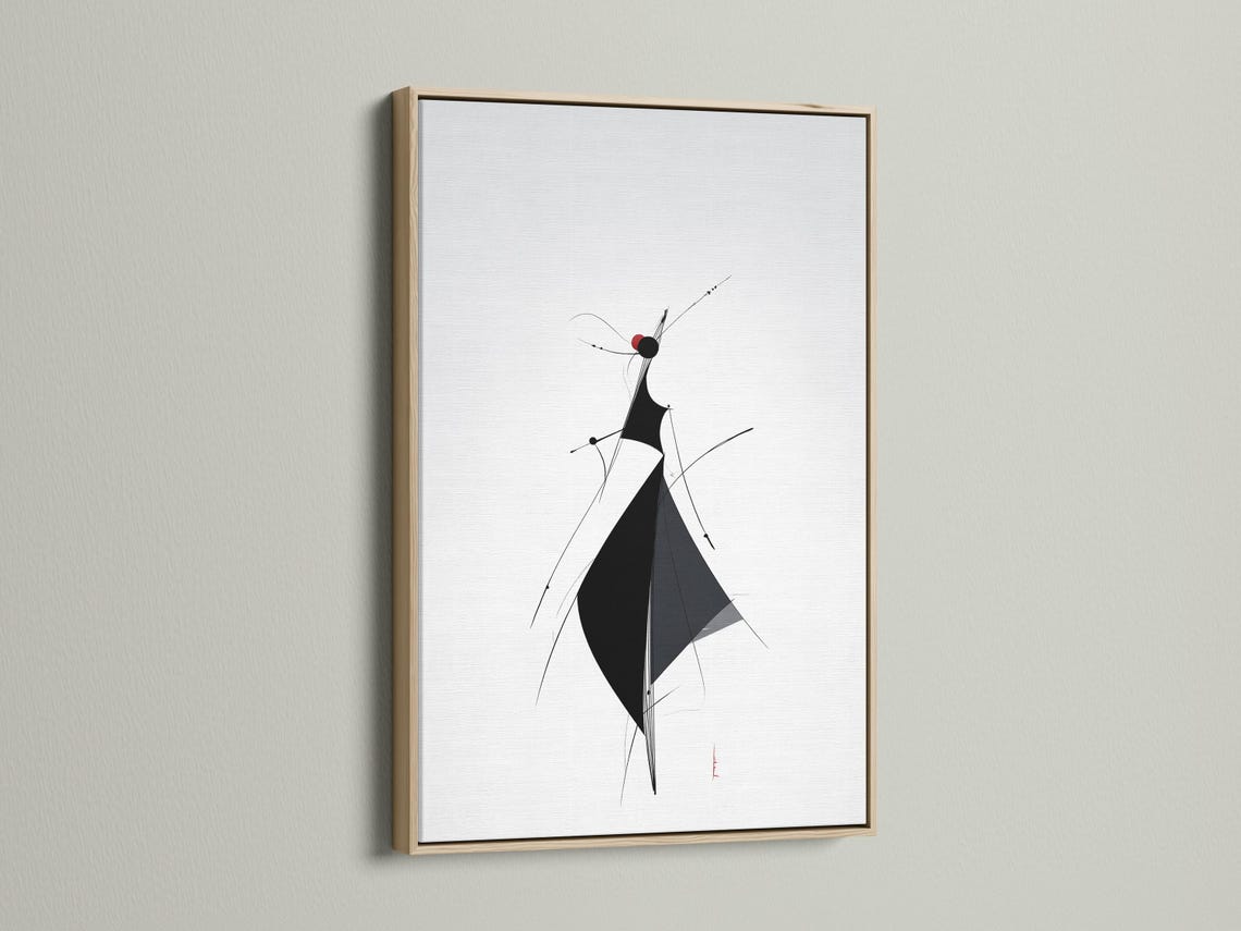 Minimalist line figure artwork with black shapes and deep red accents on a light background detail view