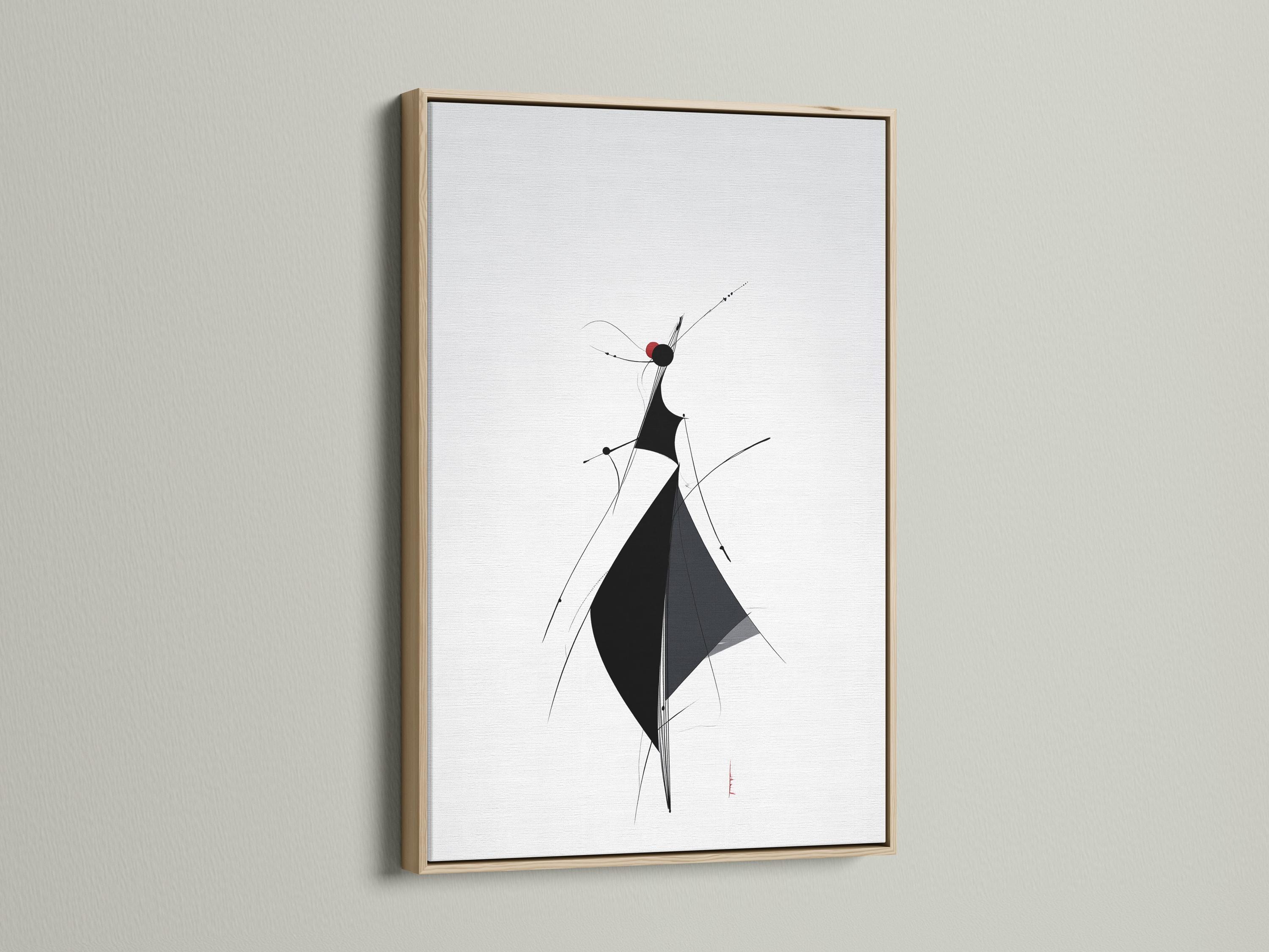Minimalist line figure artwork with black shapes and deep red accents on a light background detail view