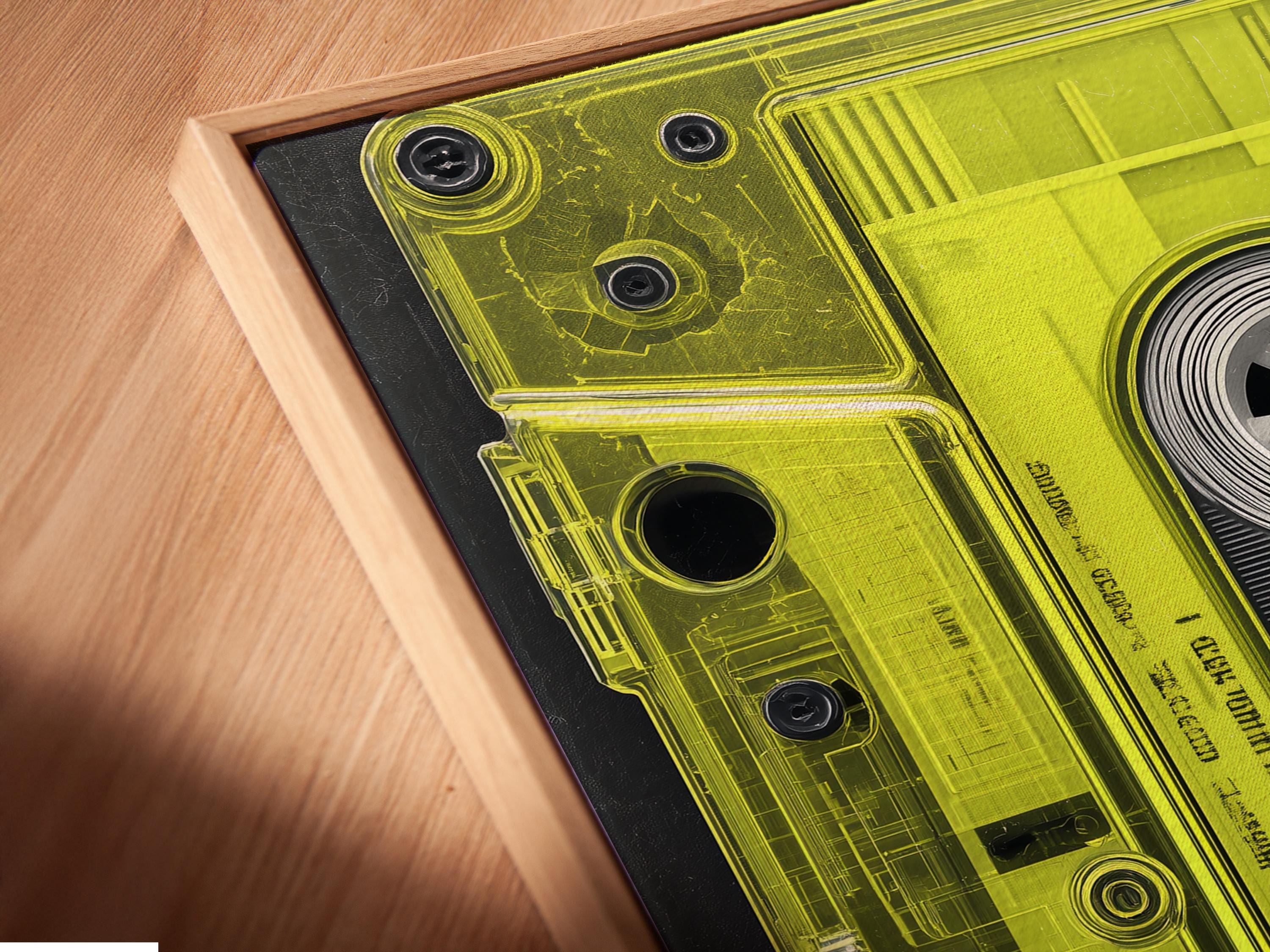 Neon lime cassette tape graphic framed in black with spool circles and a red dot detail detail view