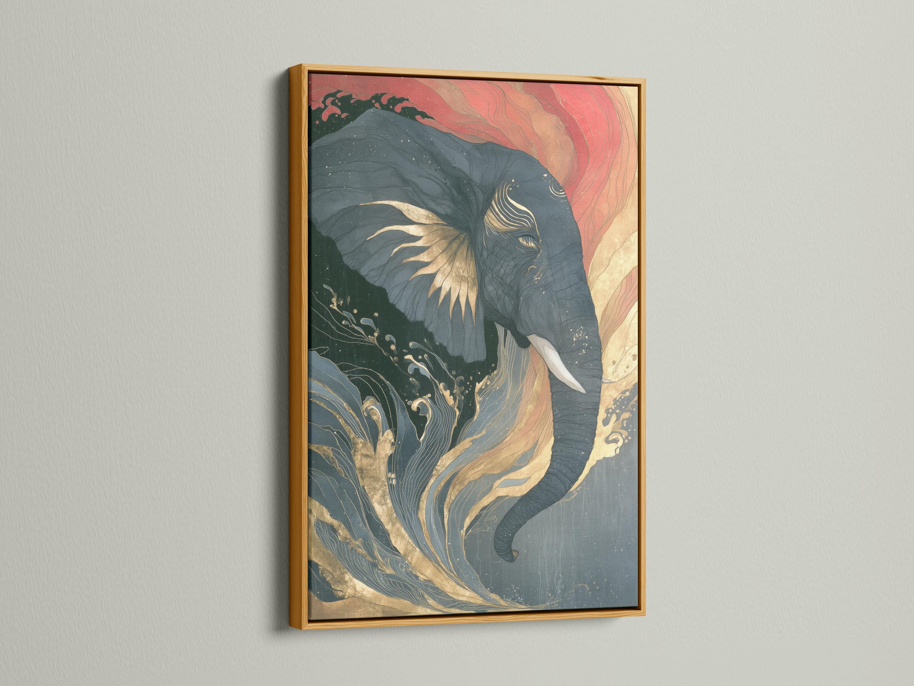 Abstract elephant portrait with swirling wave patterns in muted teal, coral pink and warm gold lines detail view