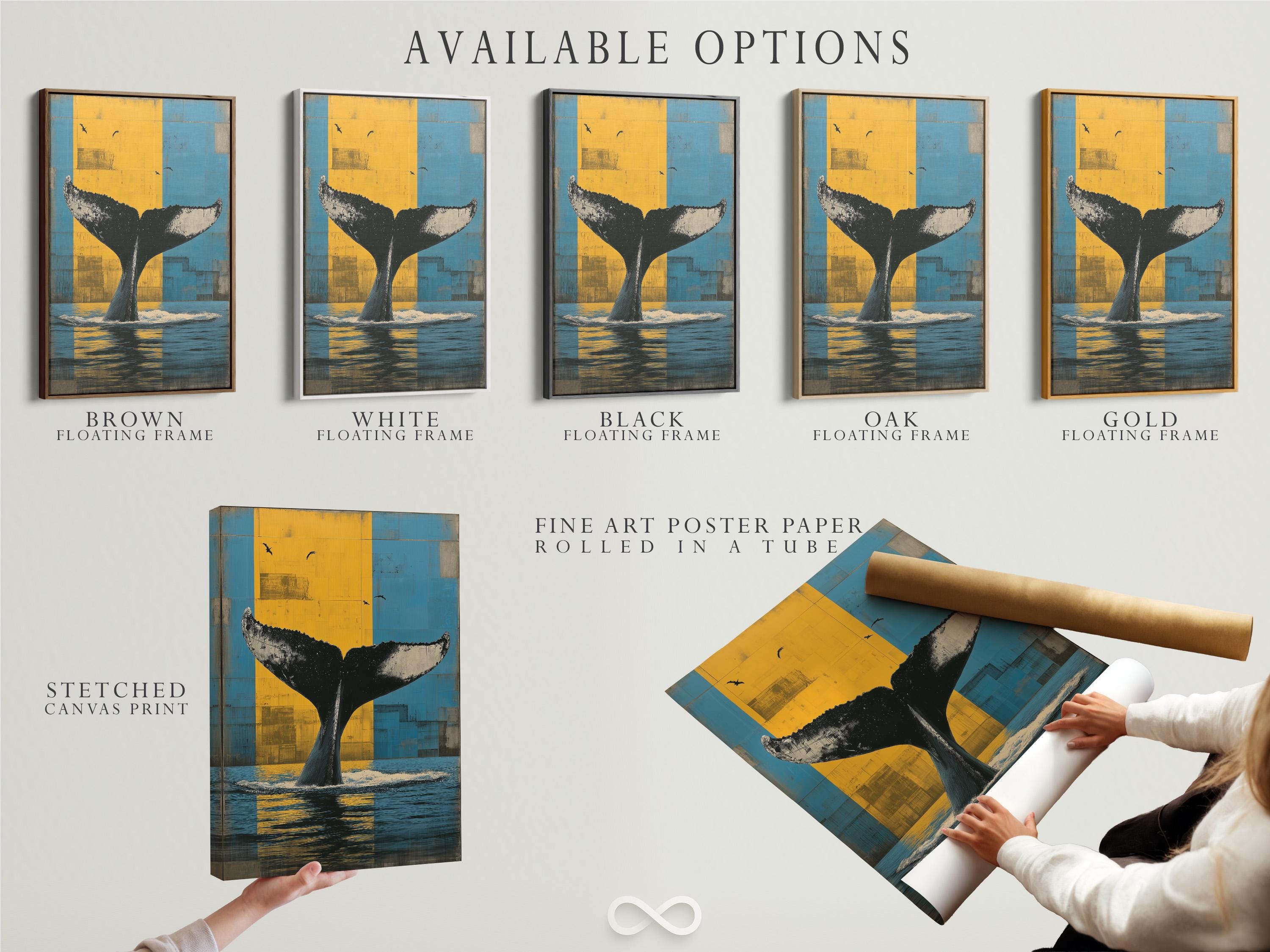Room mockup showing framed whale tail ocean artwork above a sofa by windows