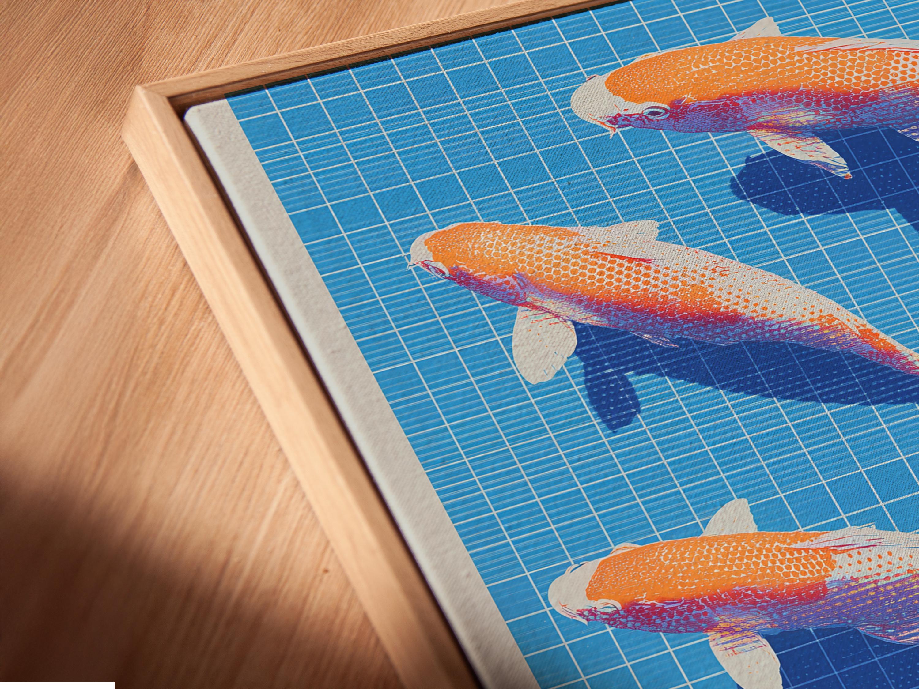 Orange koi fish swimming on a bright blue grid background with dark blue water shapes detail view