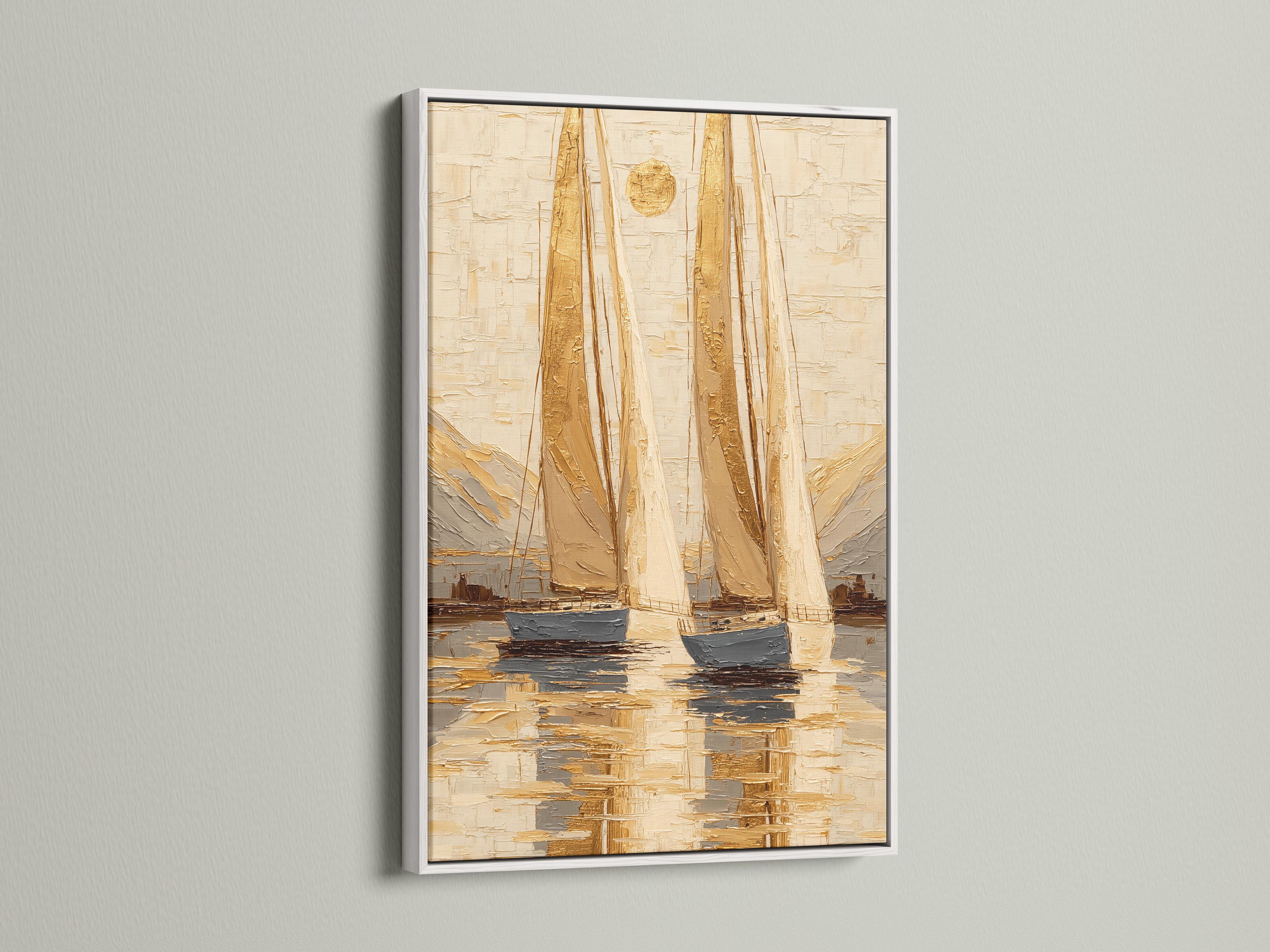 A framed nautical sailboat seascape painting on a wall above a dark sofa in a wood interior