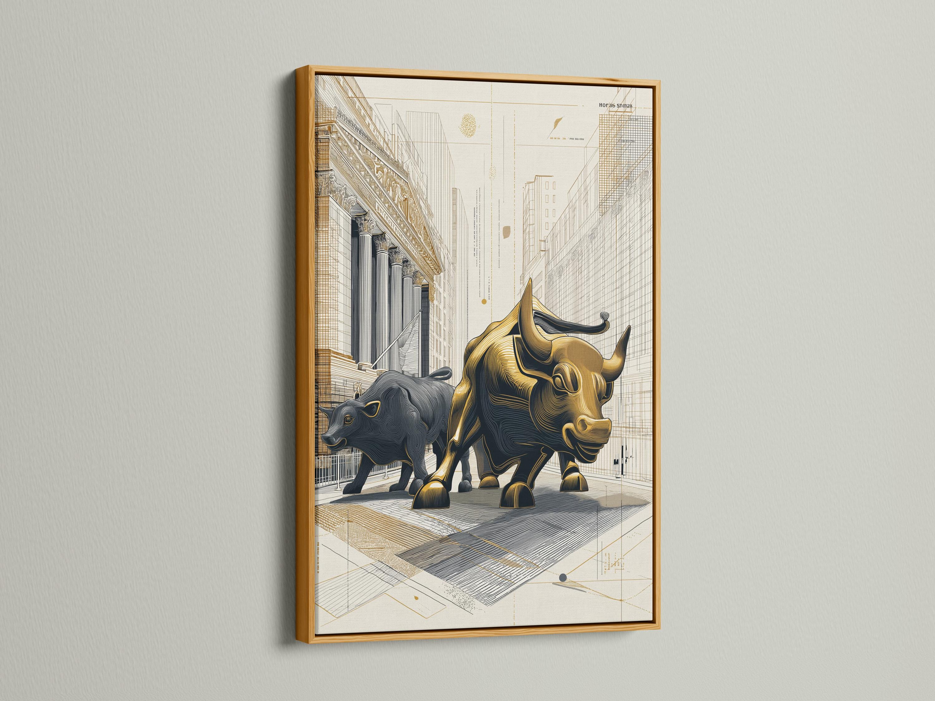 Gold bull and dark bear face-off in an architectural grid city drawing with beige background detail view