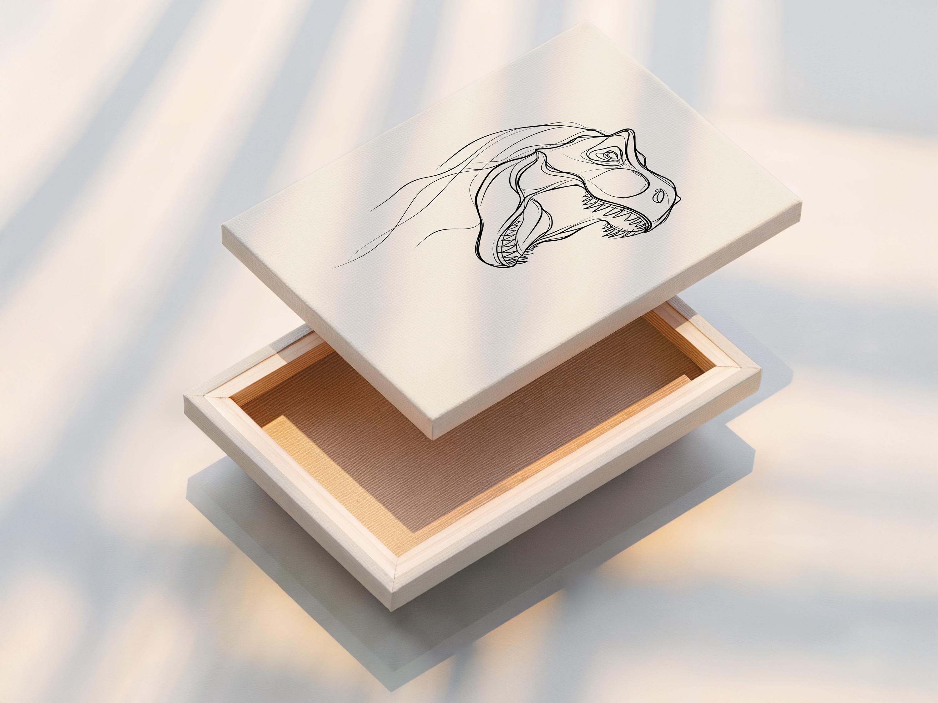 T-rex line art wall mockup with a framed black line drawing on an off-white background