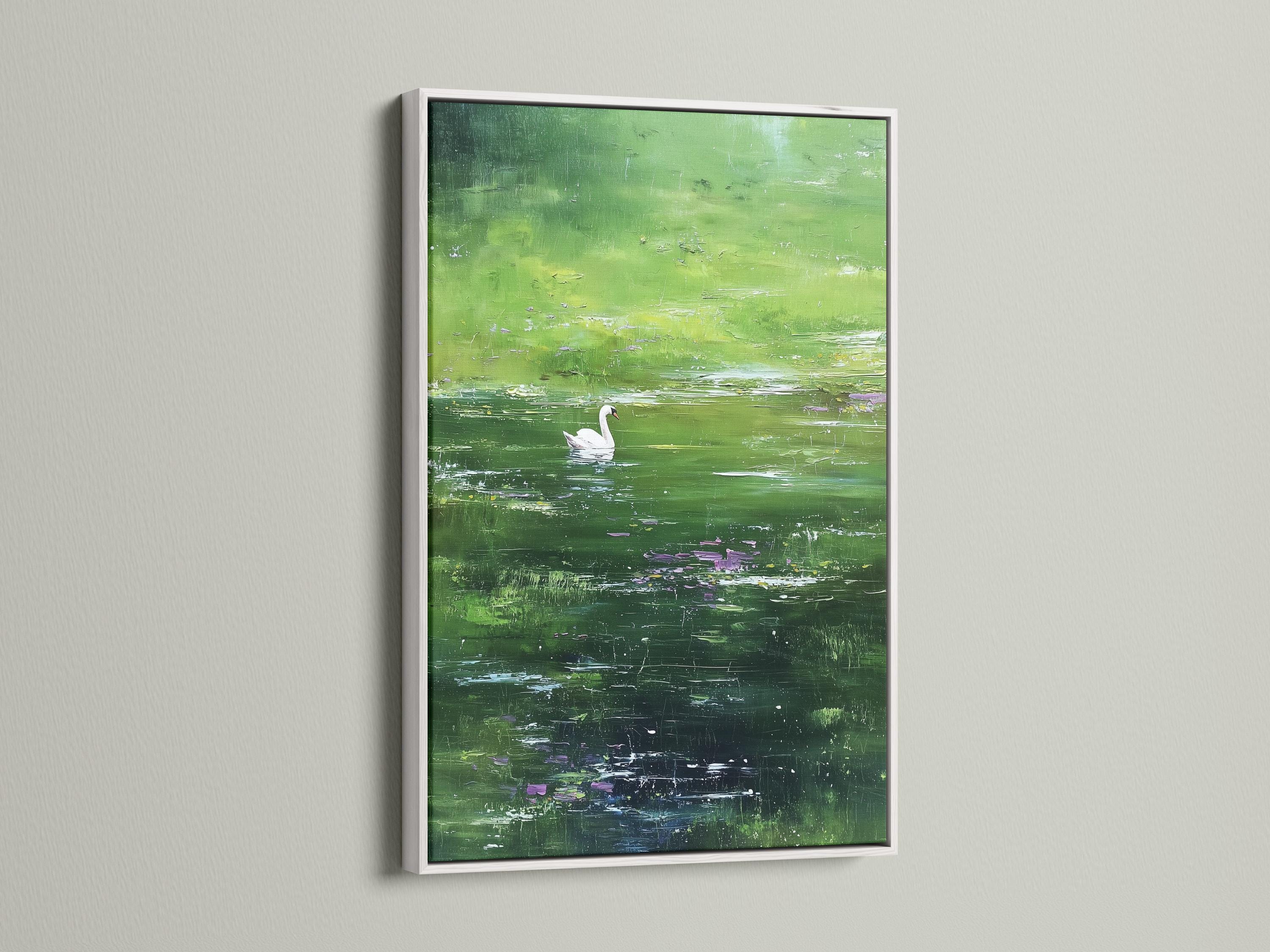 White swan in a green pond painting with lily pads and small purple-pink blossoms detail view