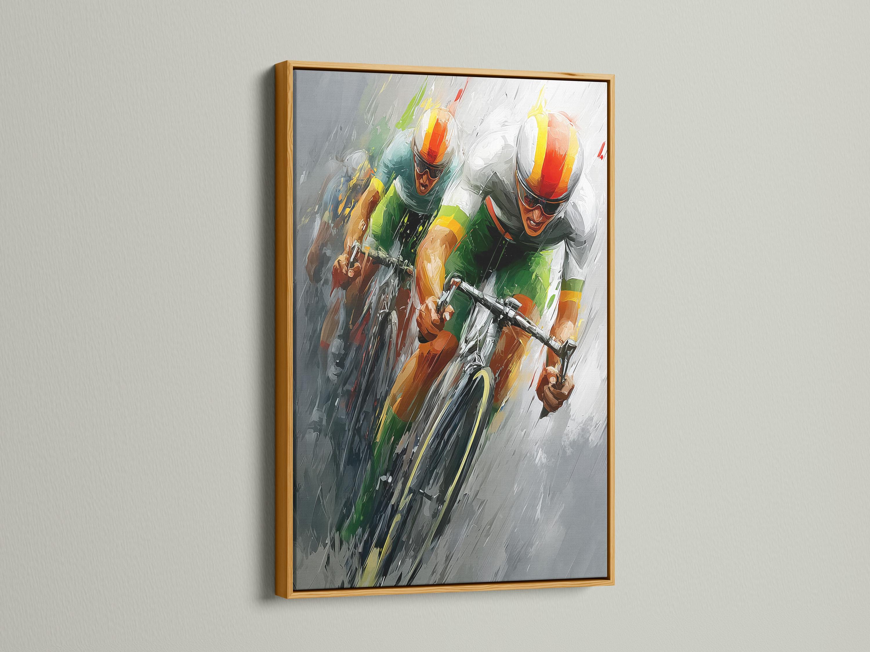 Room mockup showing framed abstract cycling artwork on a light wall