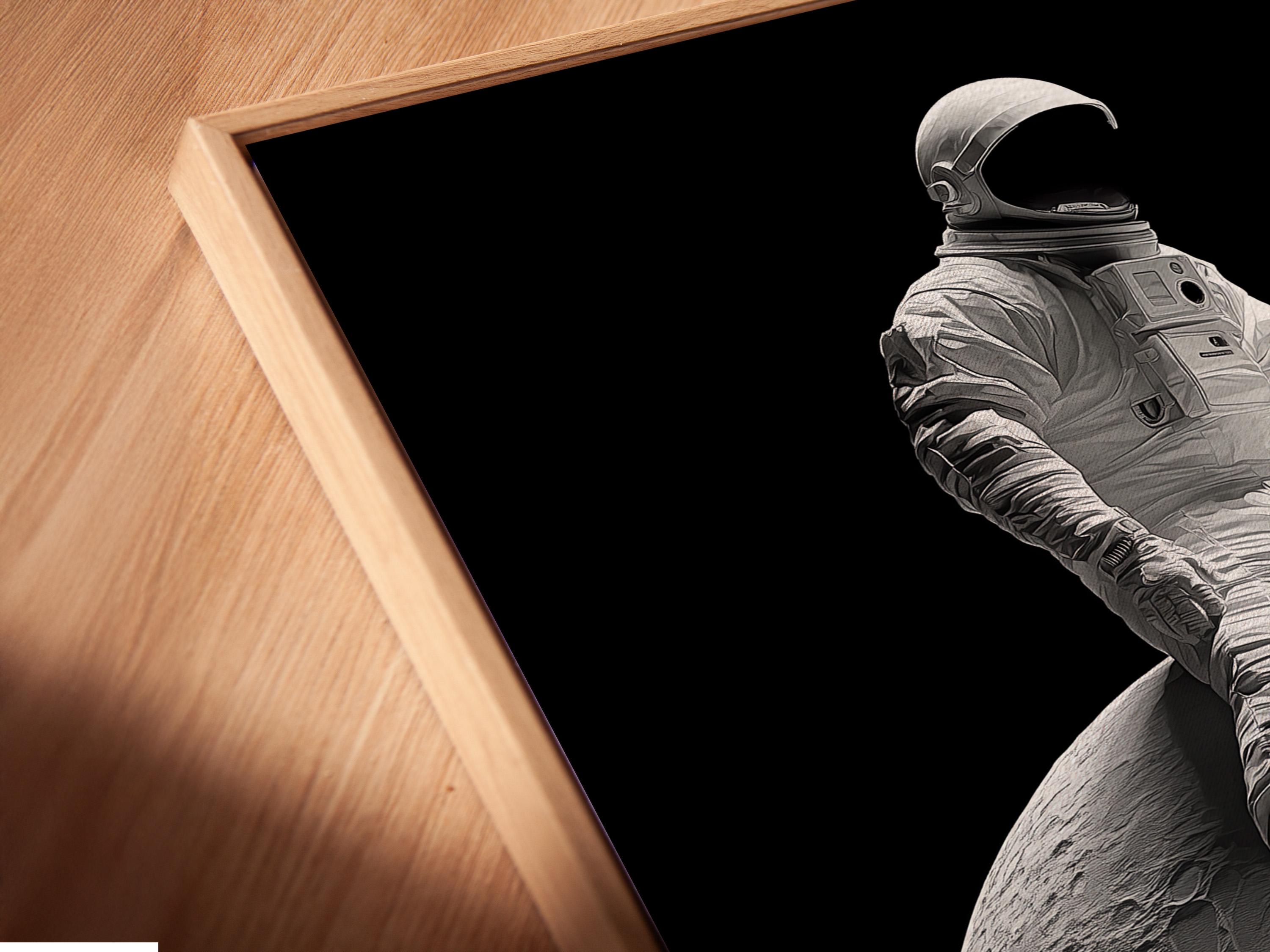 Monochrome astronaut in a space suit seated on a cratered moon against a dark background detail view