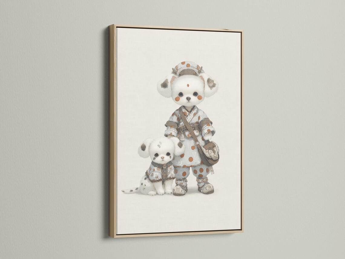 Illustrated beige puppy pair in patterned clothing against a cream background detail view