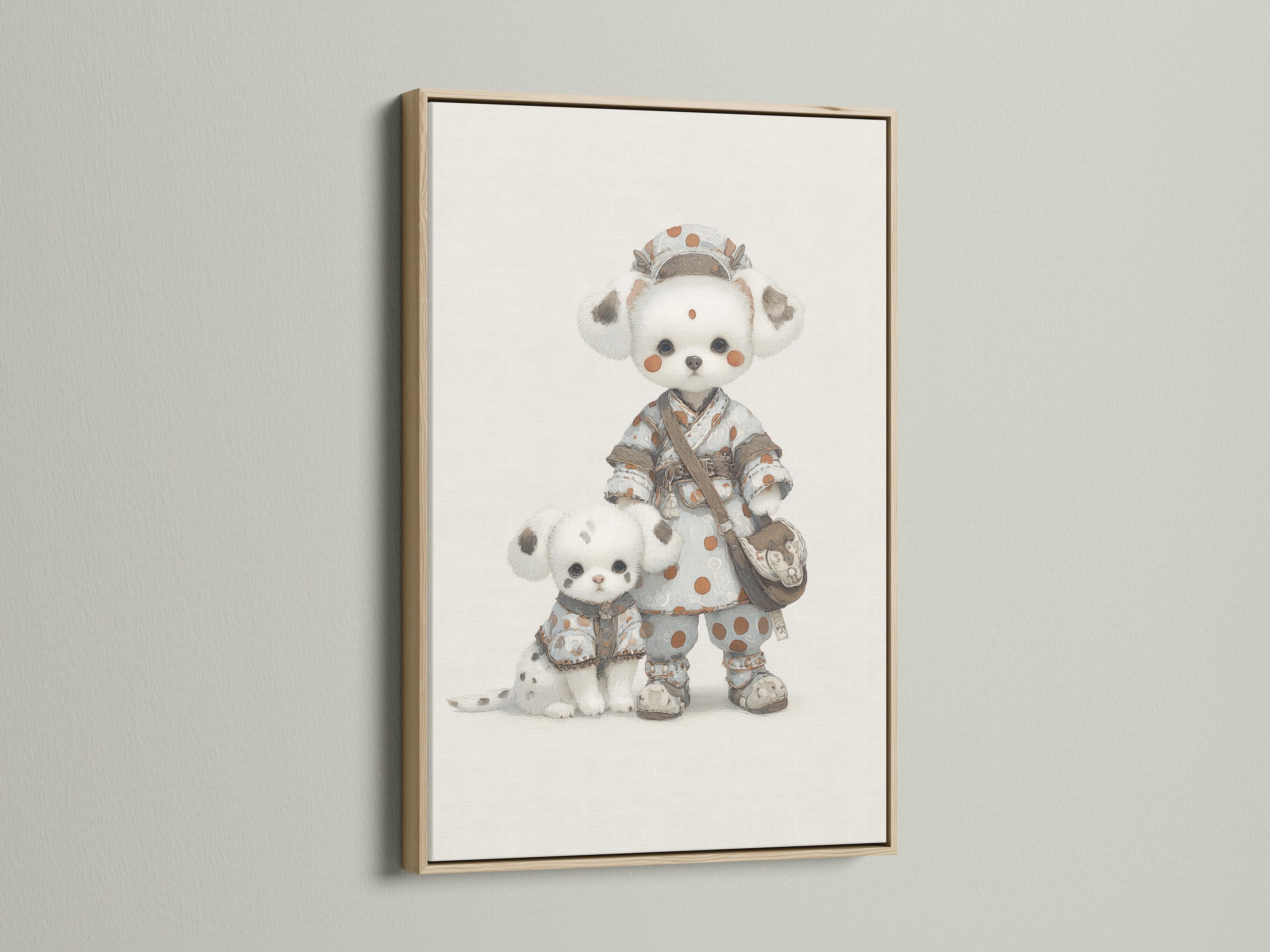 Illustrated beige puppy pair in patterned clothing against a cream background detail view