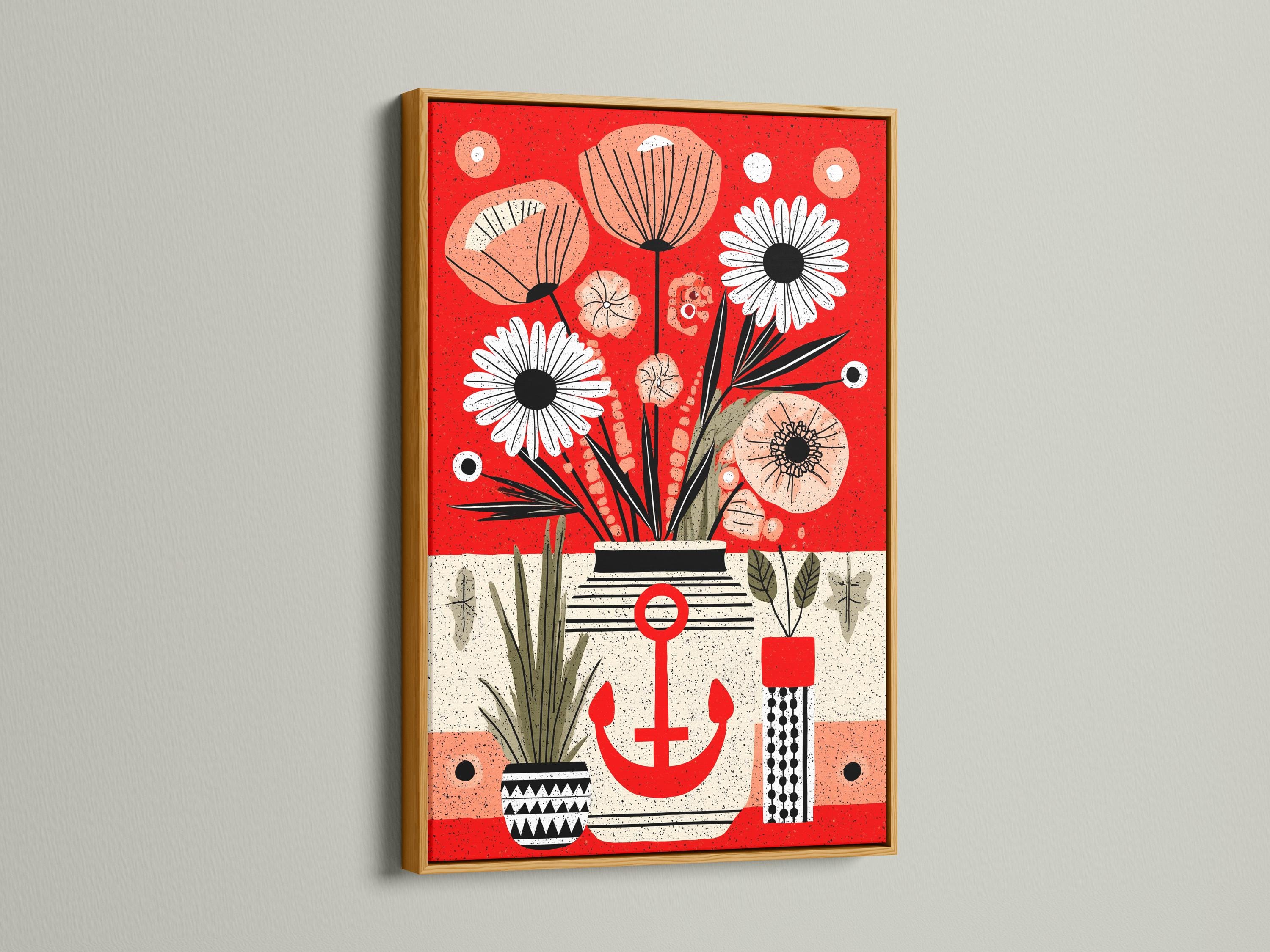 Woman looking at red anchor floral artwork in a modern room