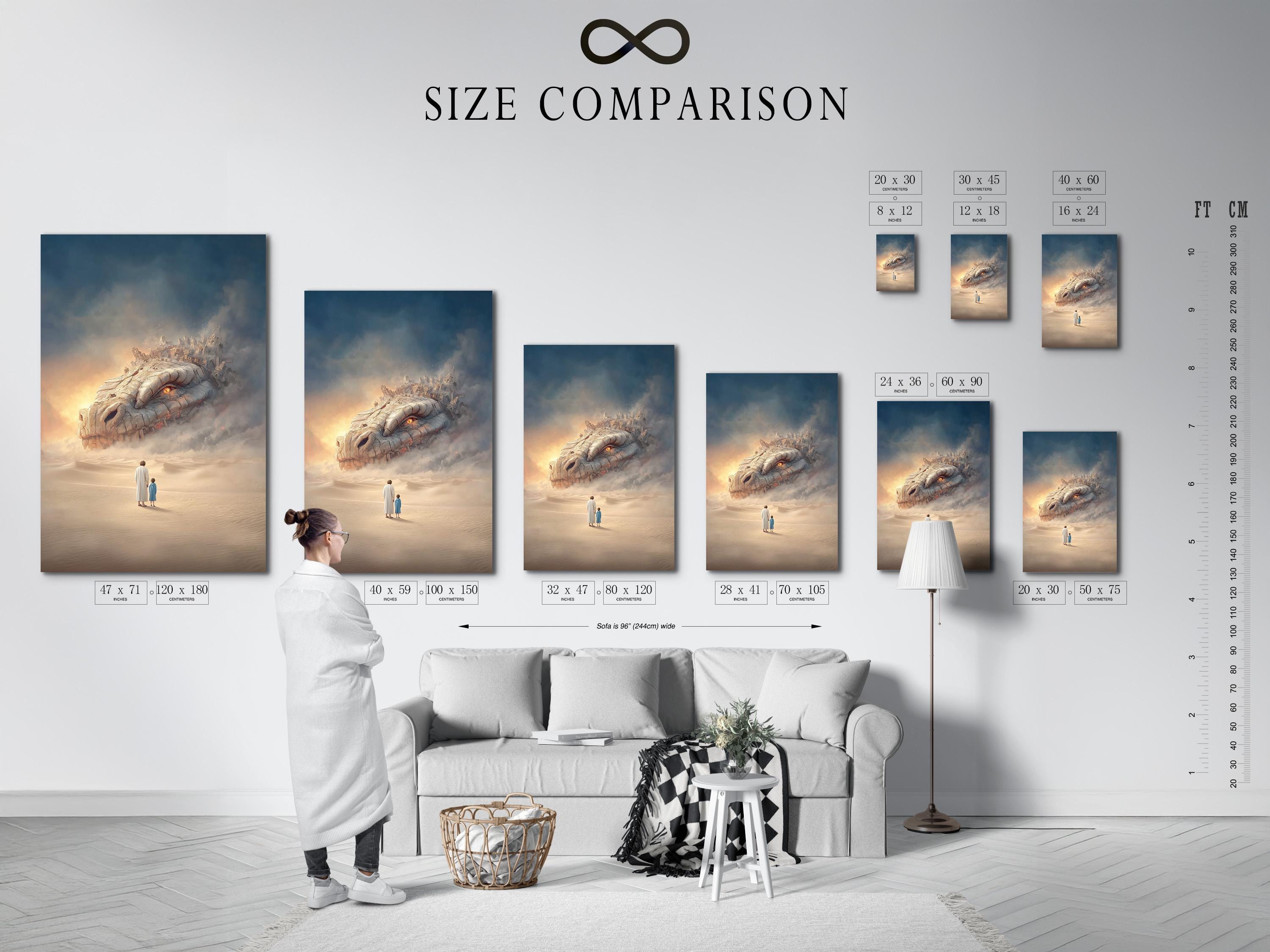 Room mockup showing framed fantasy dragon desert artwork