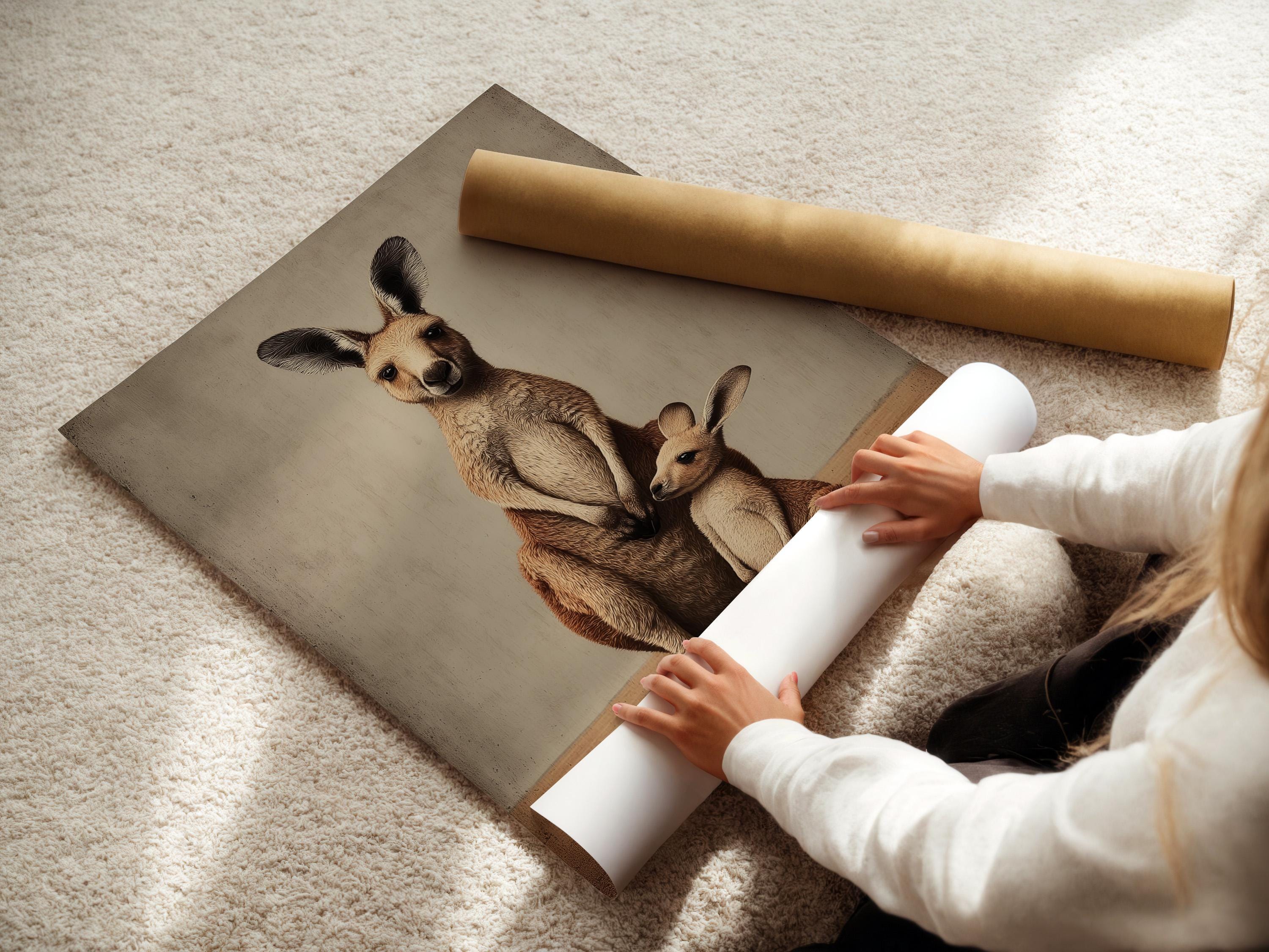 Room mockup showing a framed beige kangaroo mother and joey artwork